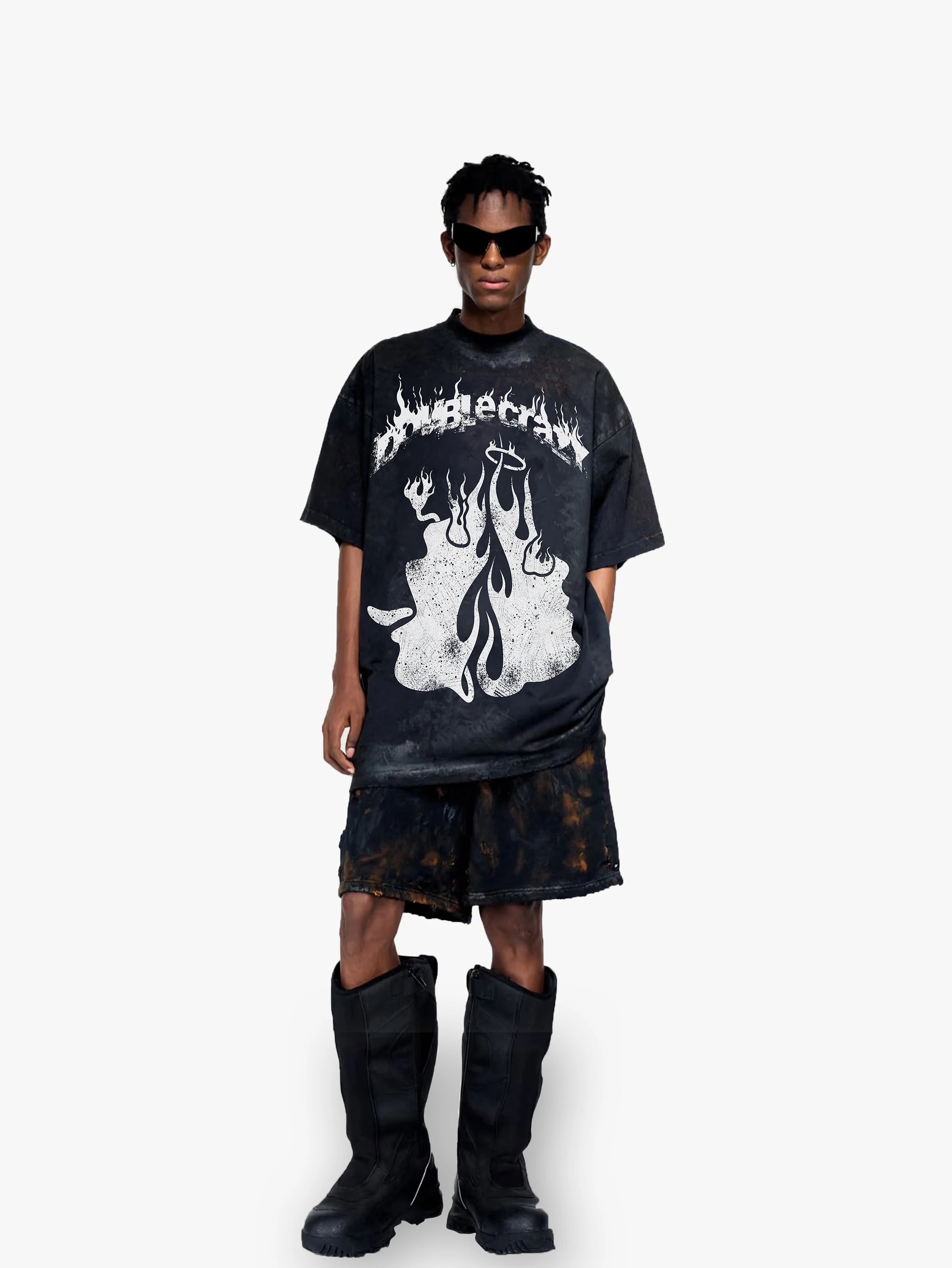 Double Crazy Flame Print Angel & Demon T-shirt -002