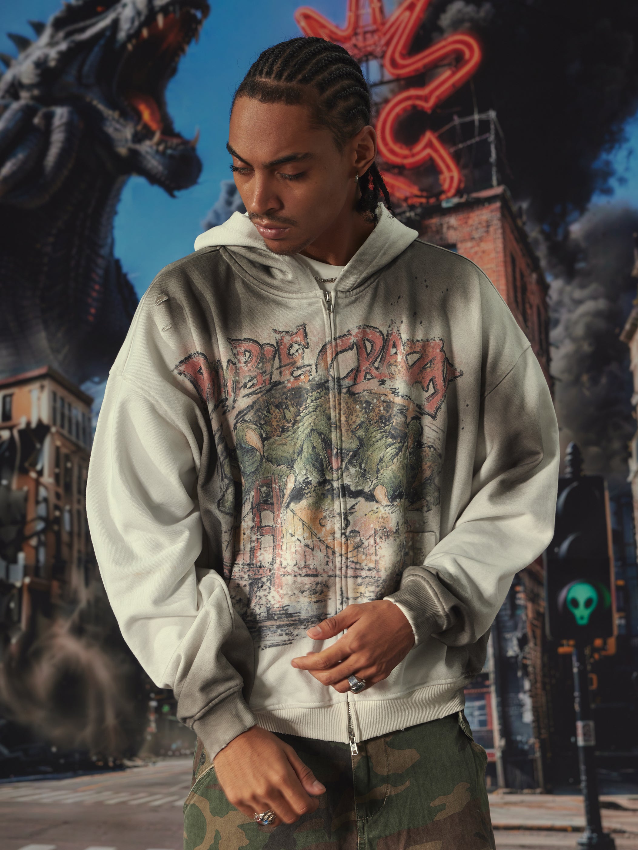 Distressed Kaiju Zip Hoodie-753