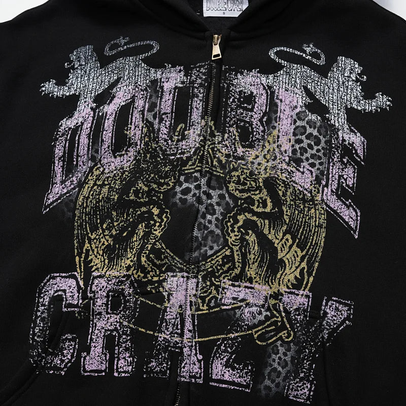 Faded Leopard Text Zip Hoodie-752