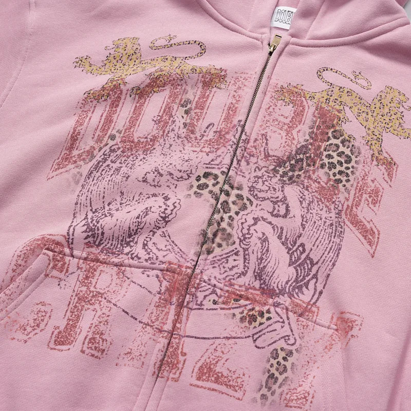 Faded Leopard Text Zip Hoodie-752