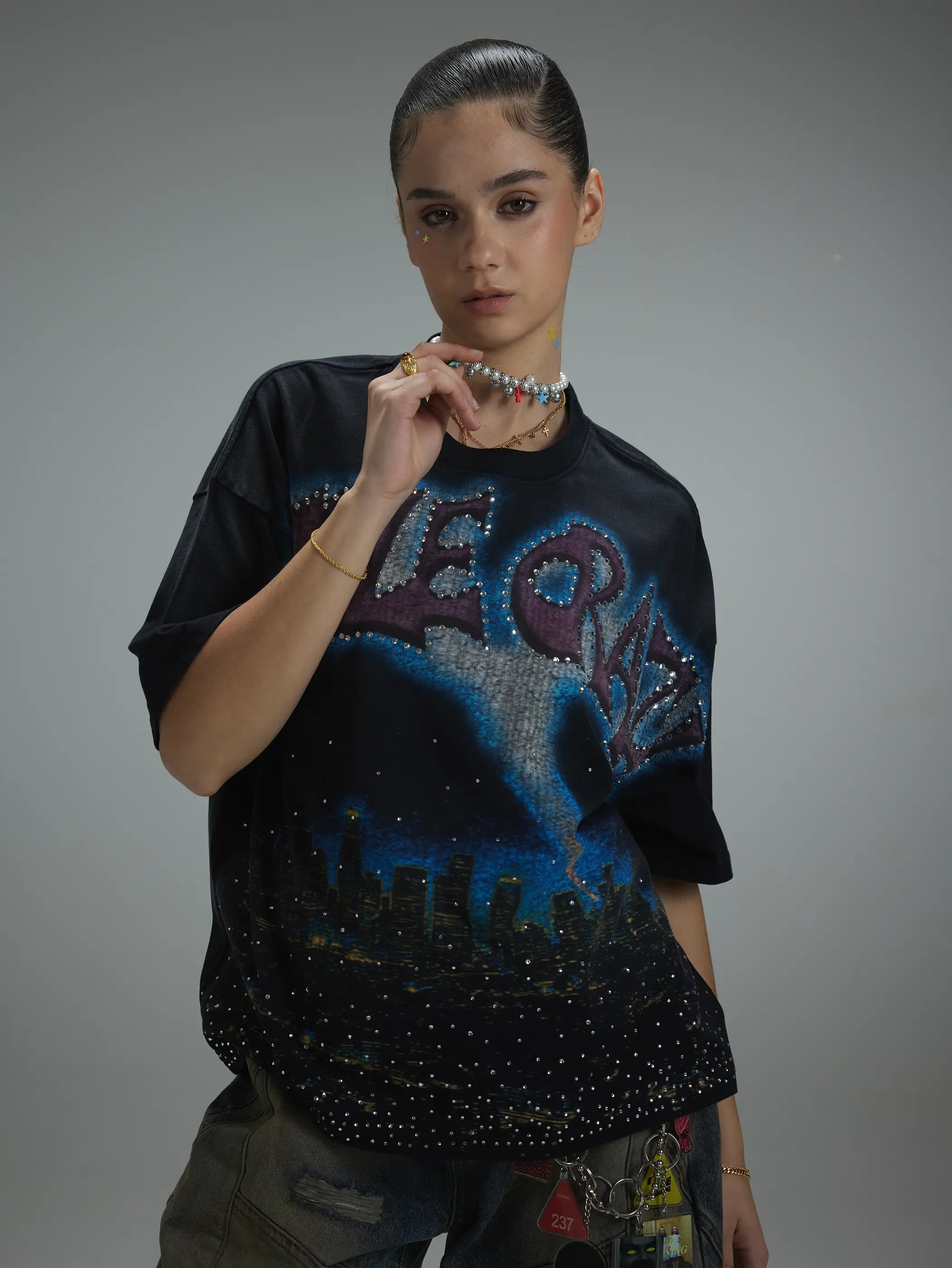 Boxy L.A. Skyline Iced Out Tee-435