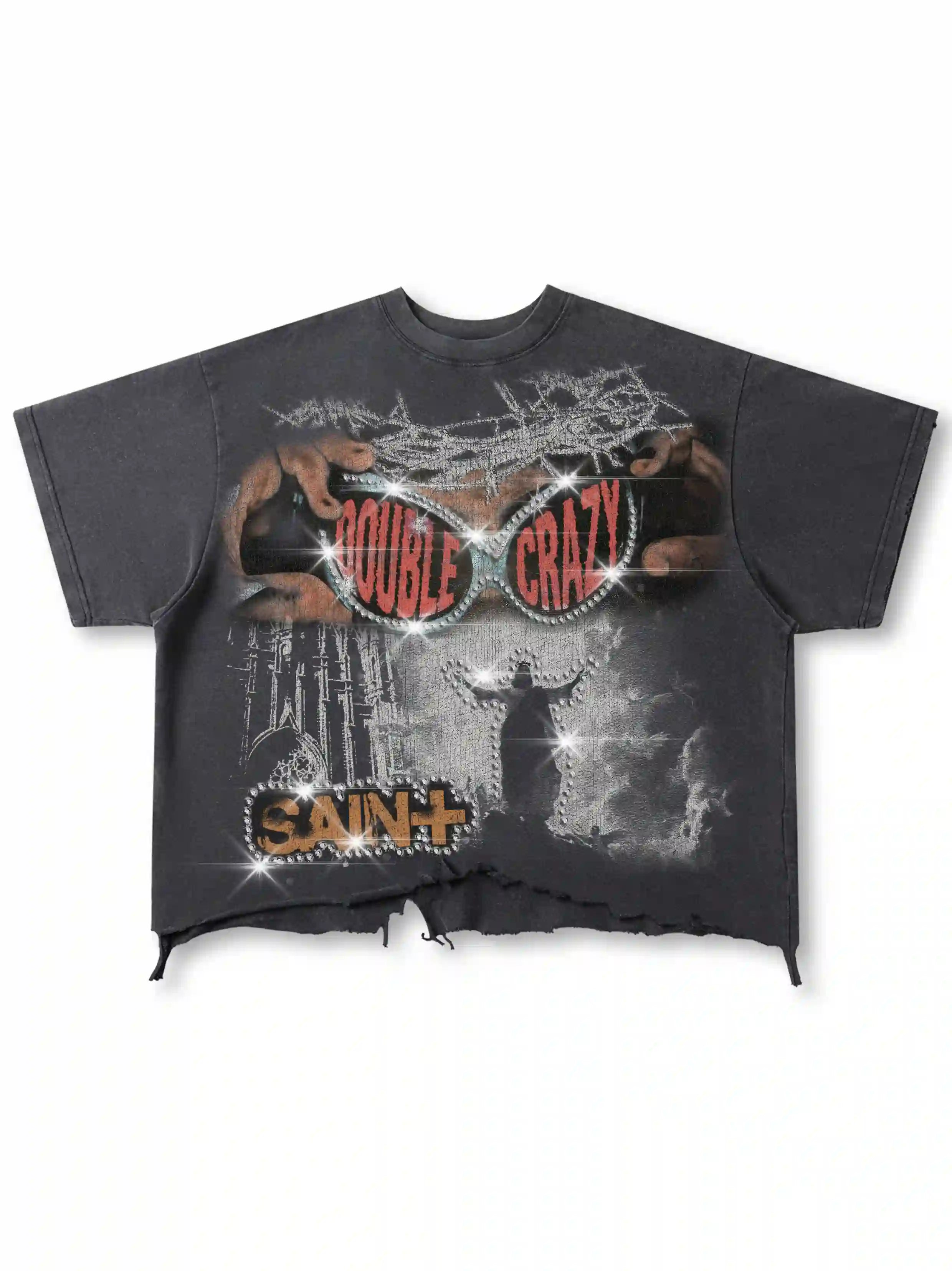 Iced-Eye Faded Raw Hem Graphic Tee-463