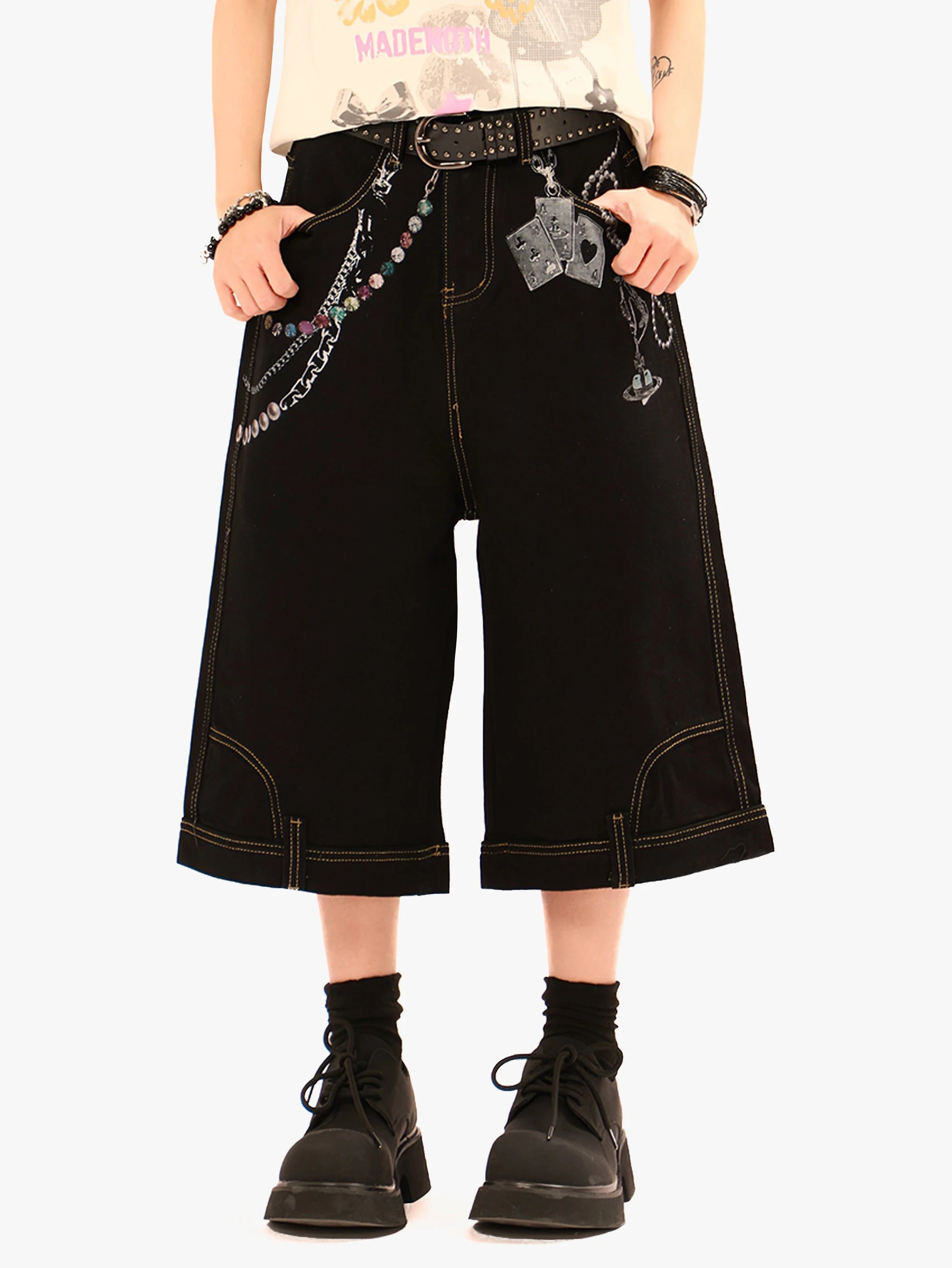 Chain Print Denim Shorts with Poker Graphic-S1014