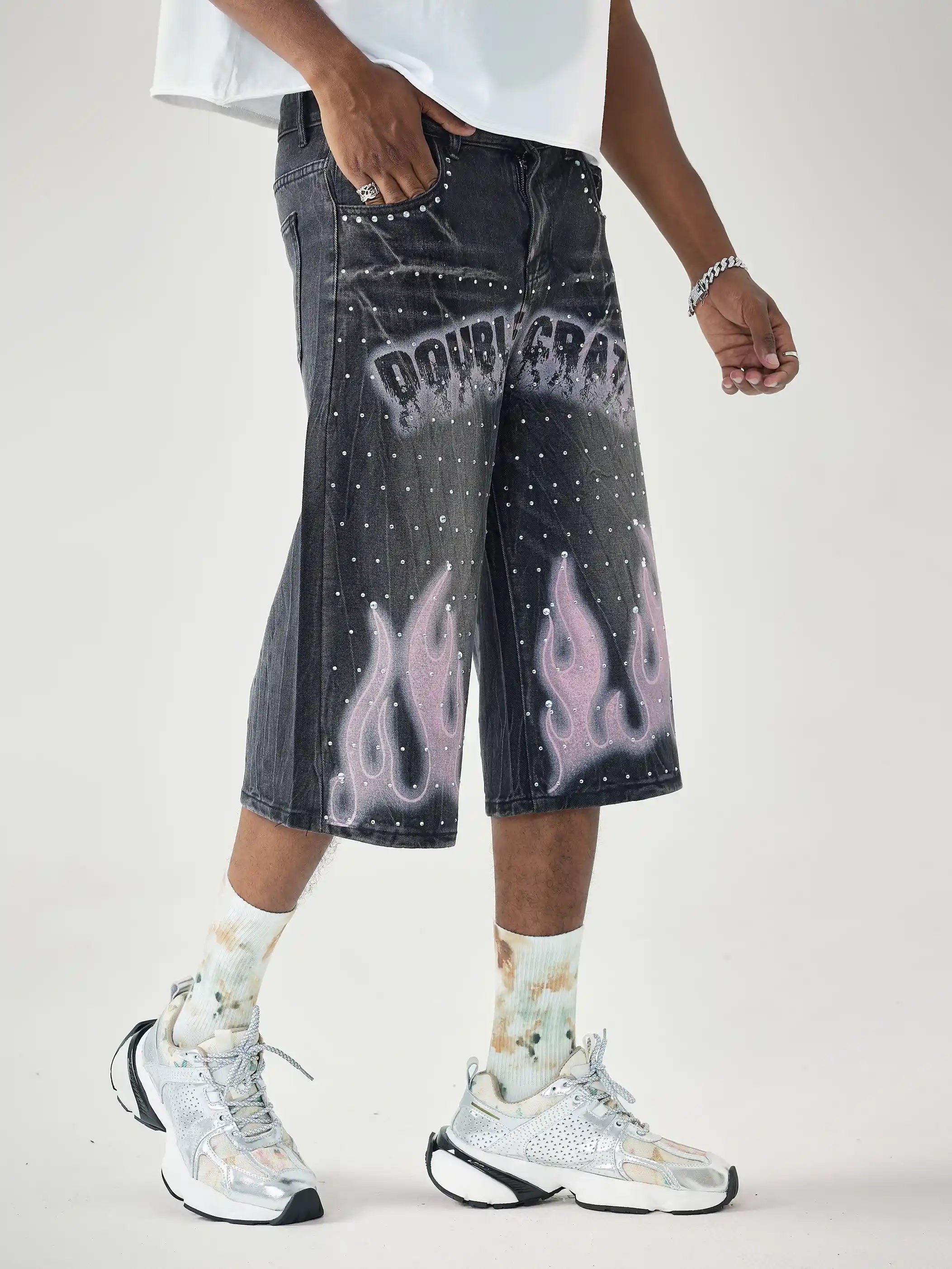Double Crazy Flames Denim Shorts-199