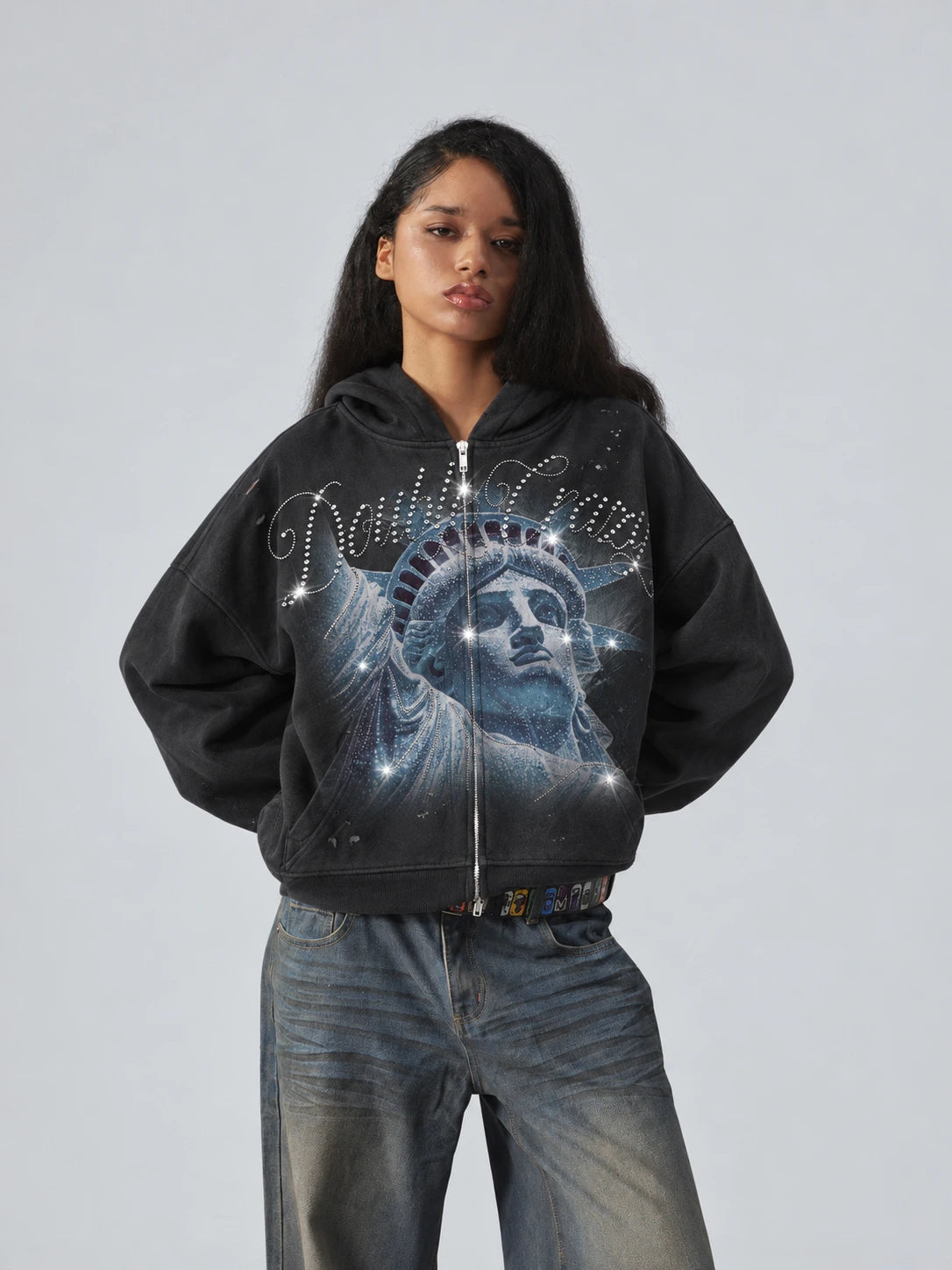 Rhinestone Liberty Zip Hoodie-722