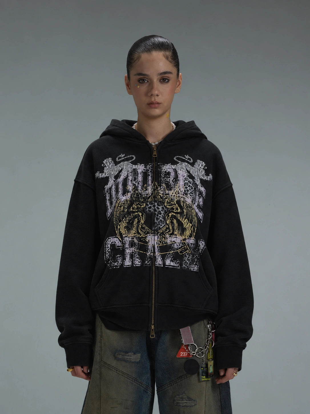 Faded Leopard Text Zip Hoodie-752