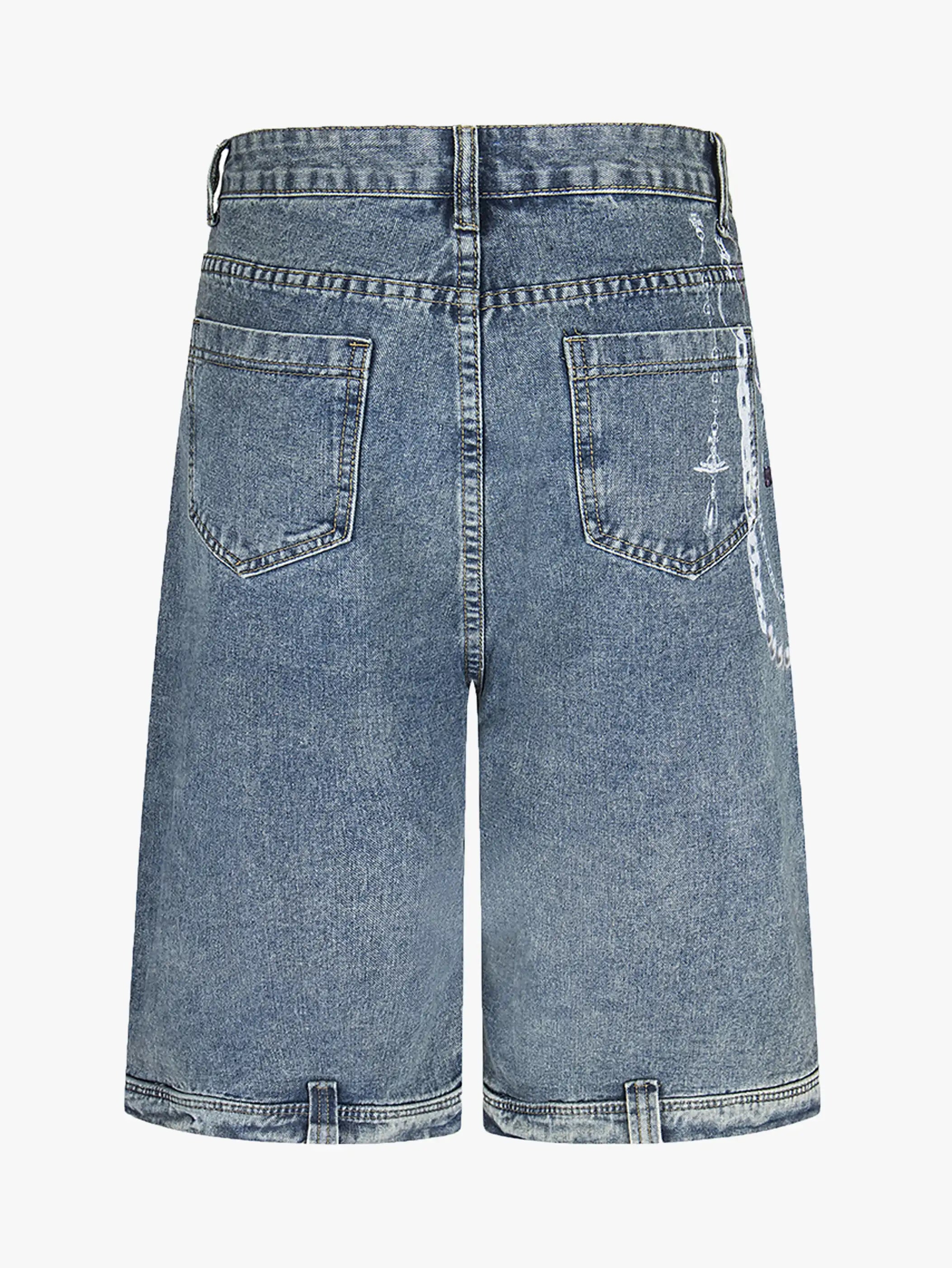 Chain Print Denim Shorts with Poker Graphic-S1014