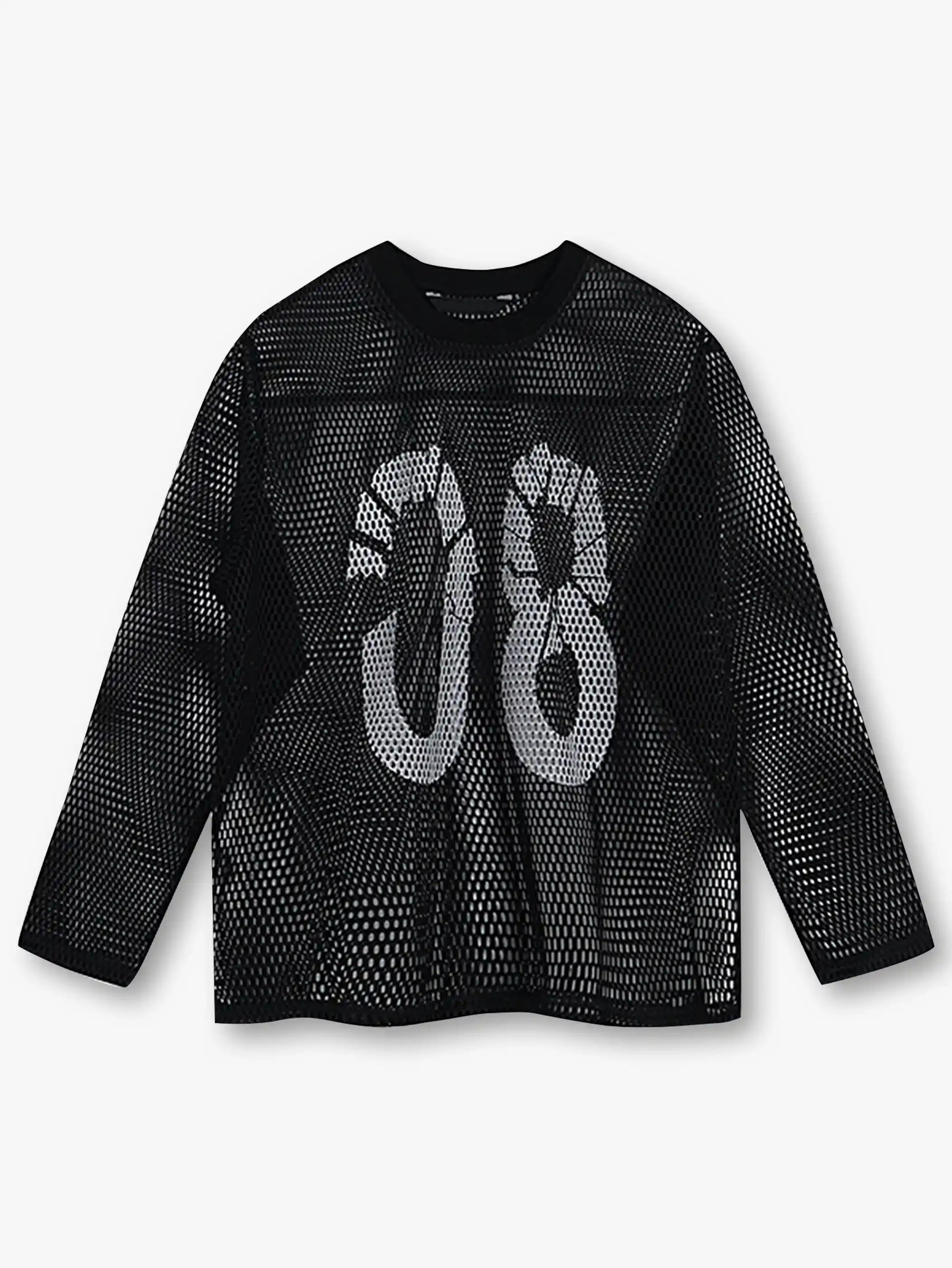 Bold Graphic Mesh Long-Sleeve Top -s906