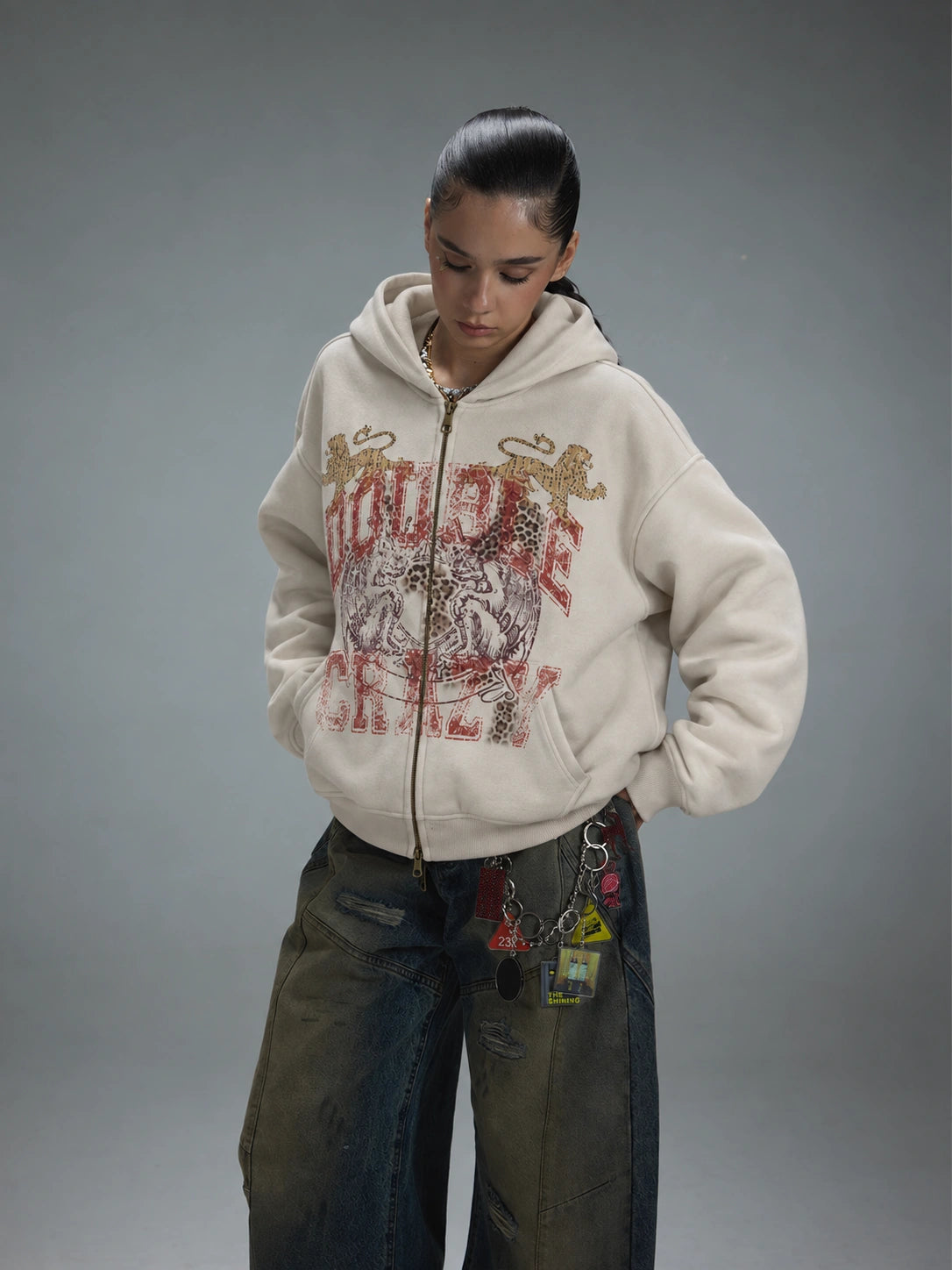 Faded Leopard Text Zip Hoodie-752