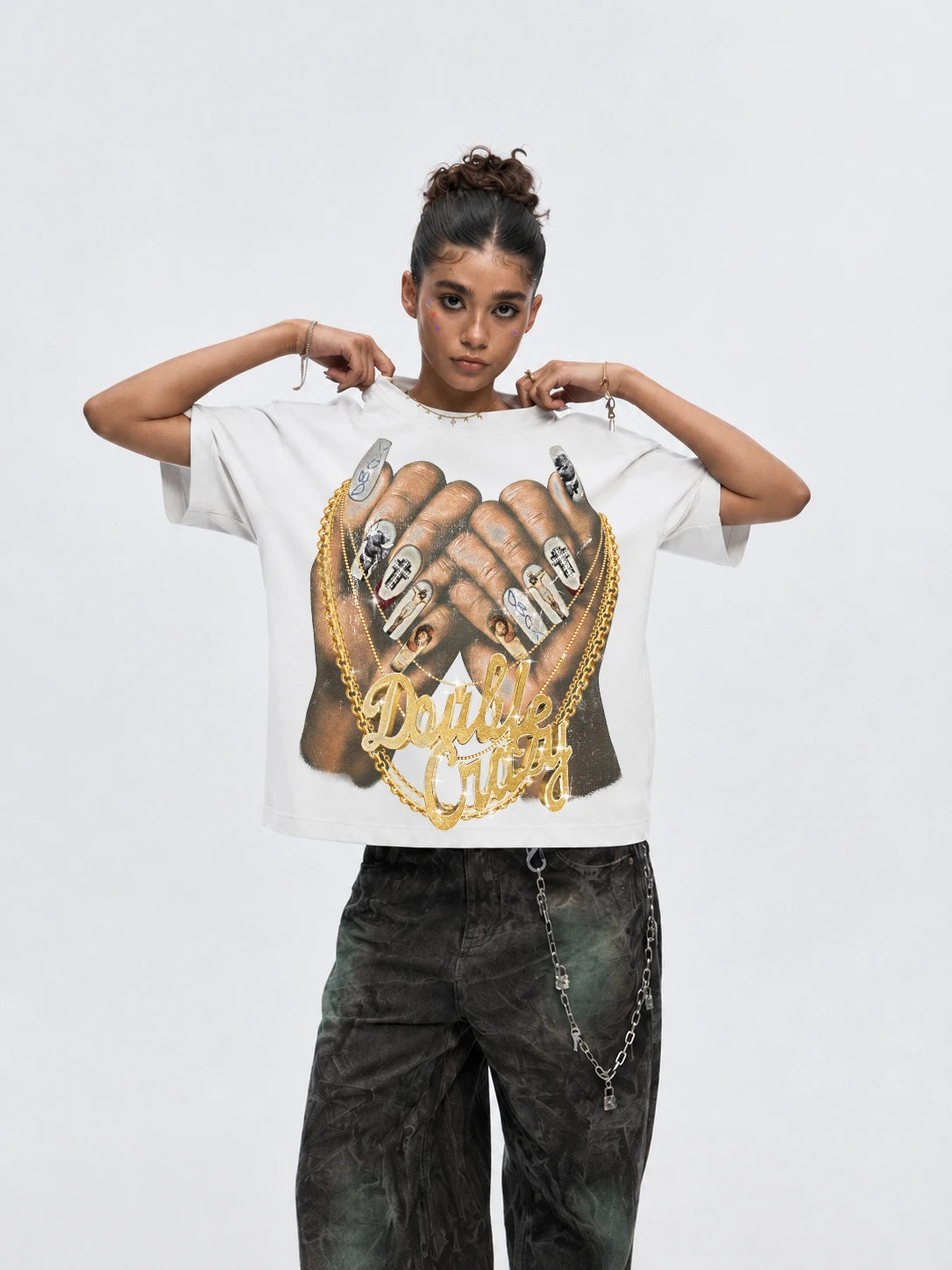 Bling Gold Chain Nail Boxy Tee-593