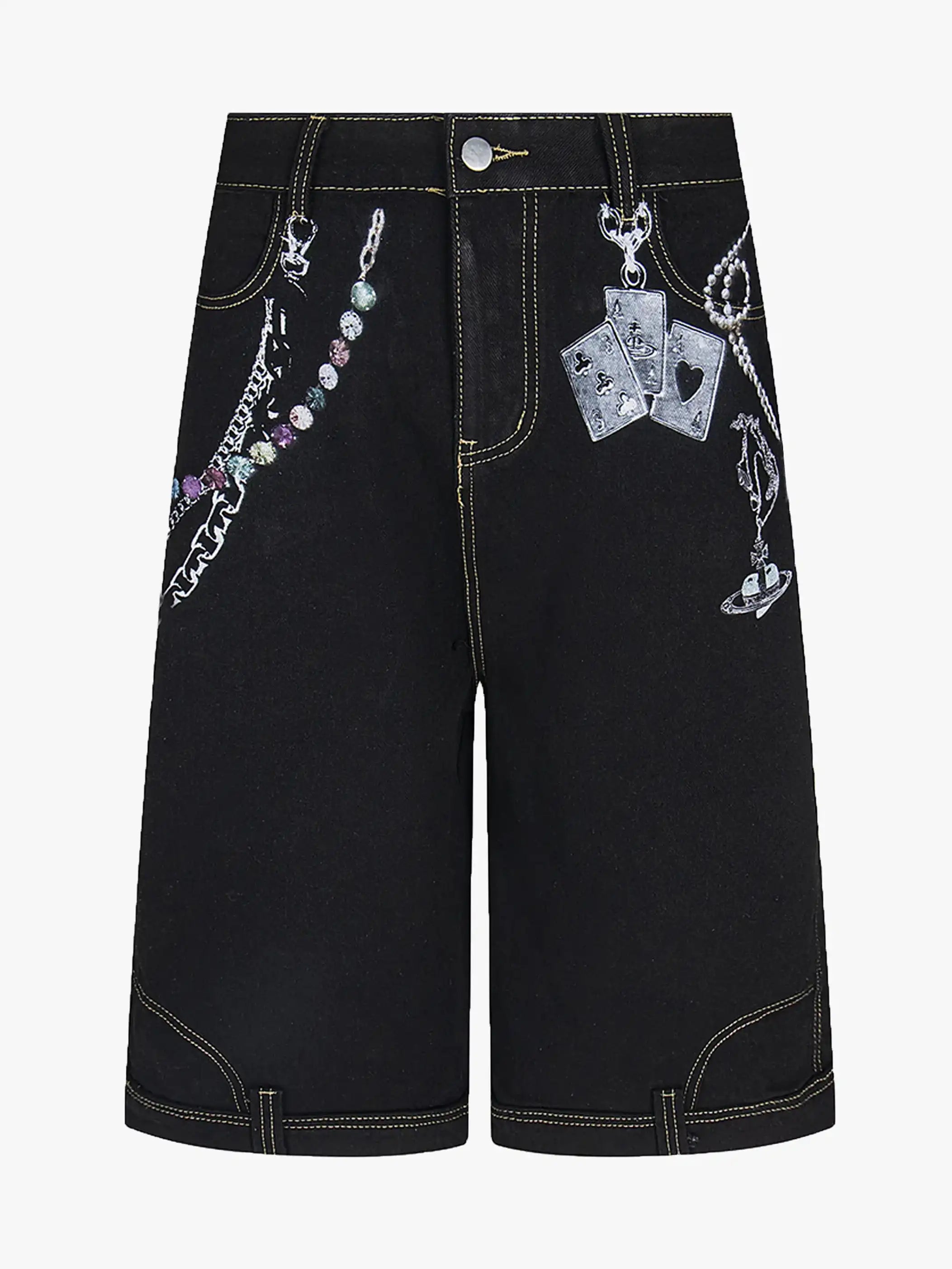 Chain Print Denim Shorts with Poker Graphic-S1014