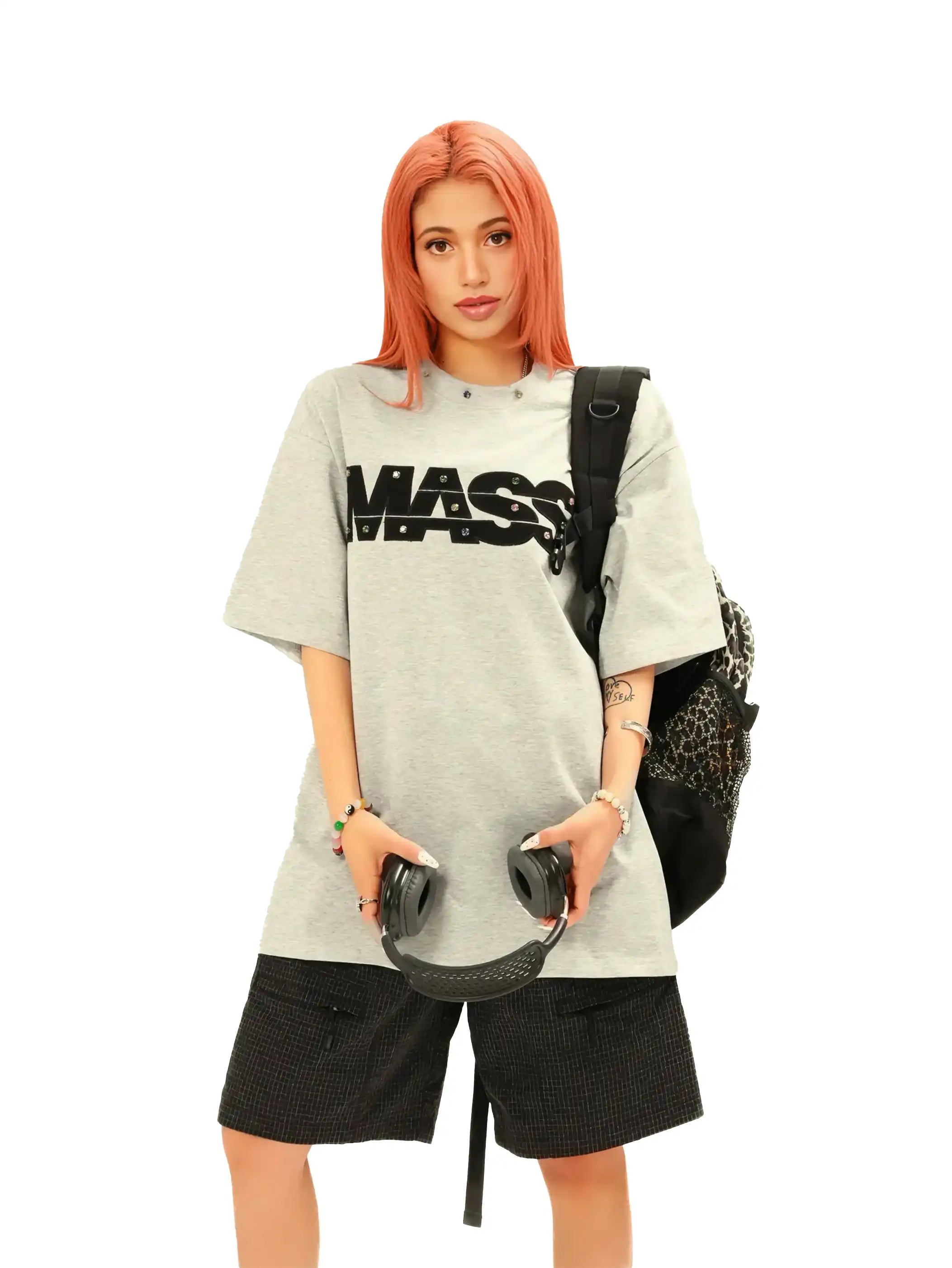 Jewel-Accented MASS Print Oversized T-shirt-S1004