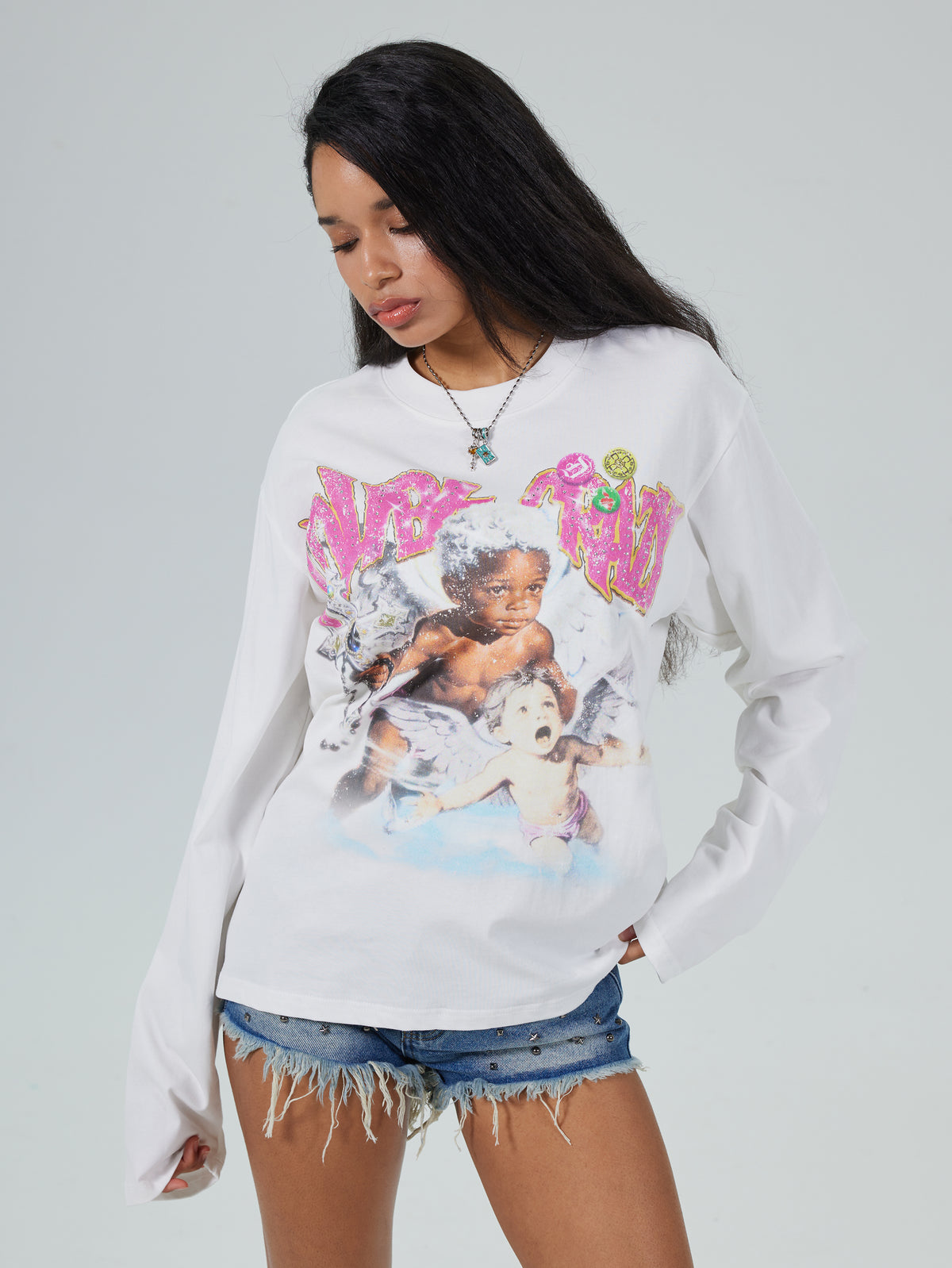 Rhinestone Afro Cherub Boxy L/S-729