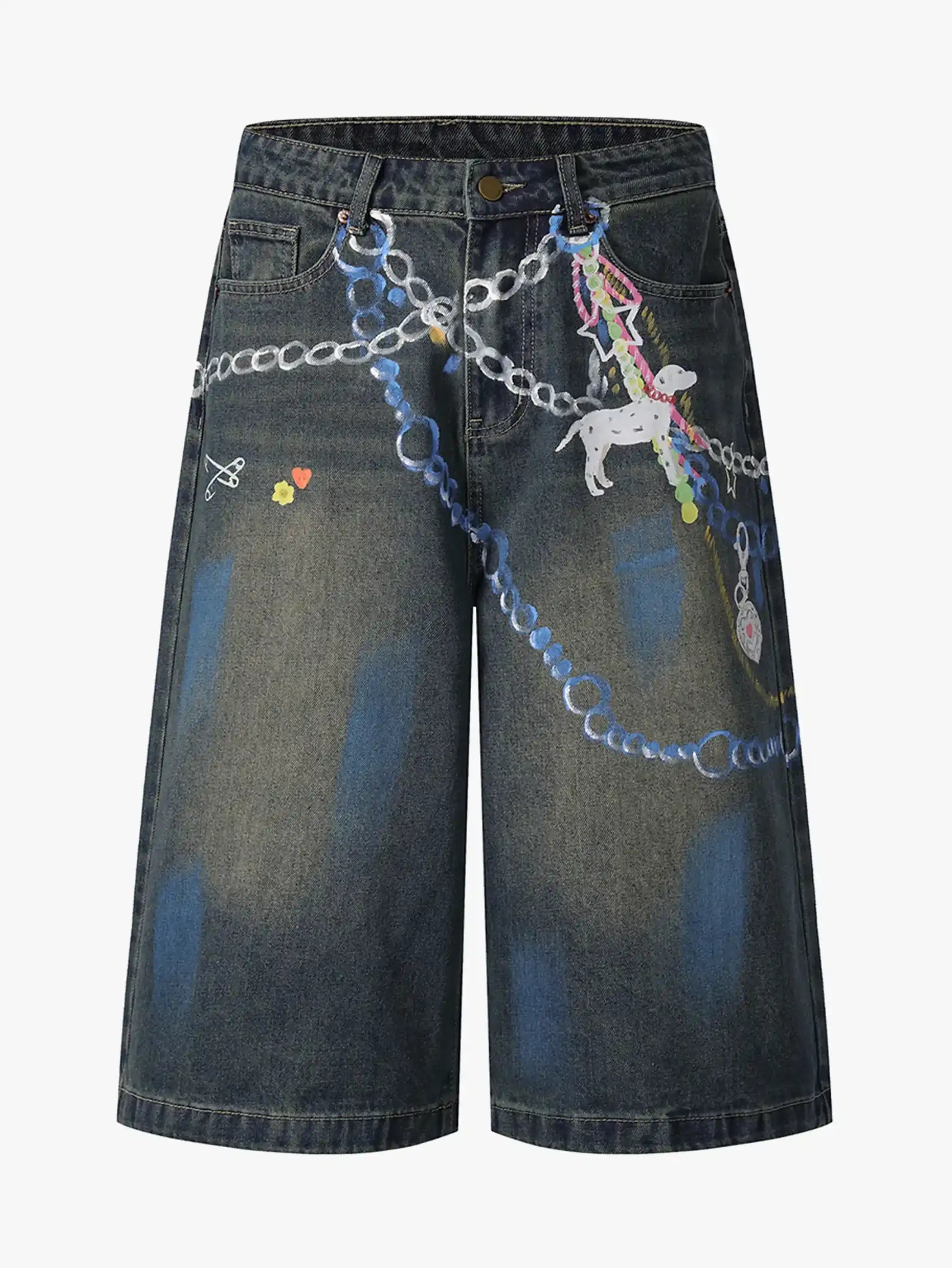 Hand-painted Chain Capri Shorts-S1091