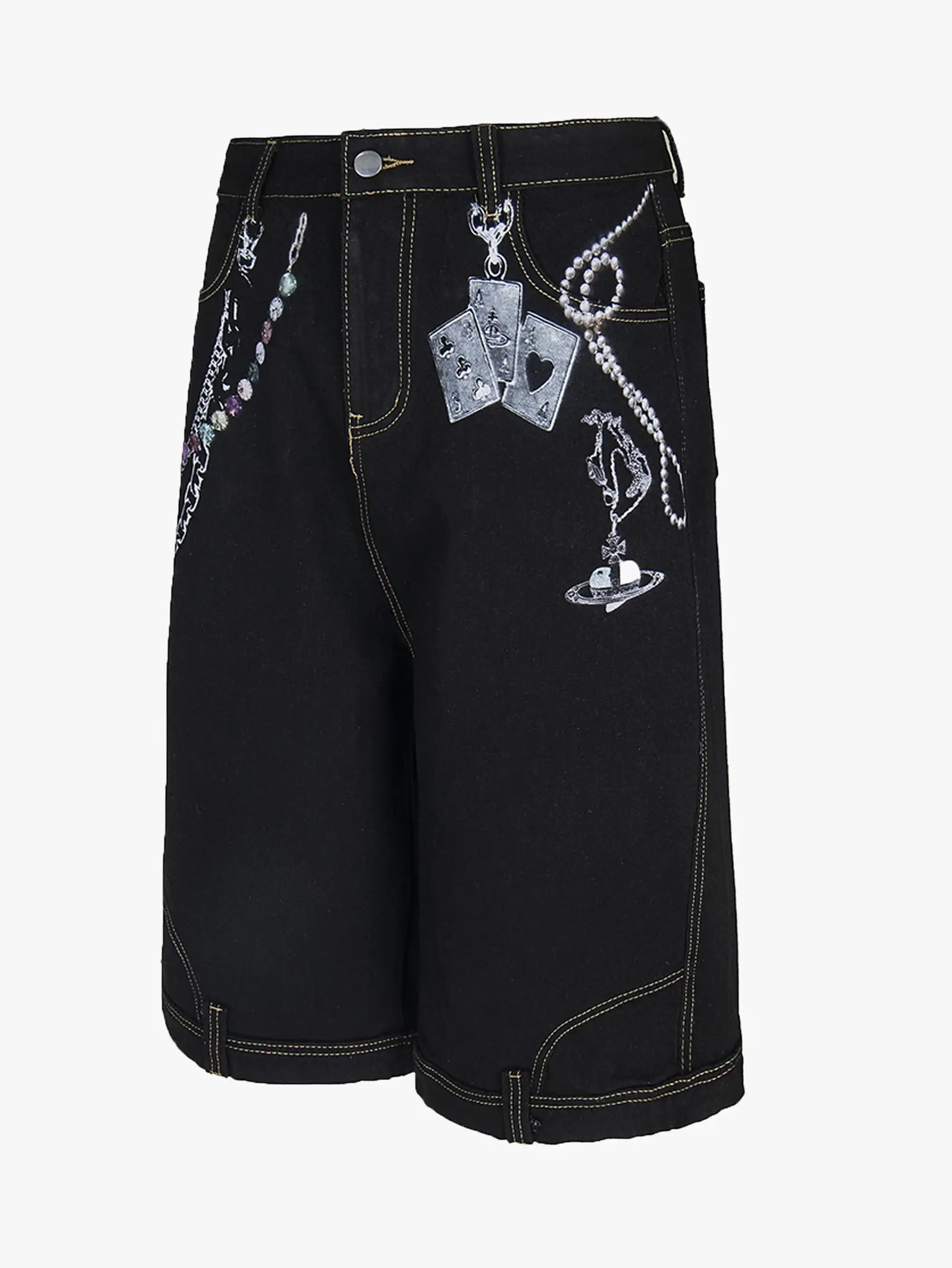 Chain Print Denim Shorts with Poker Graphic-S1014