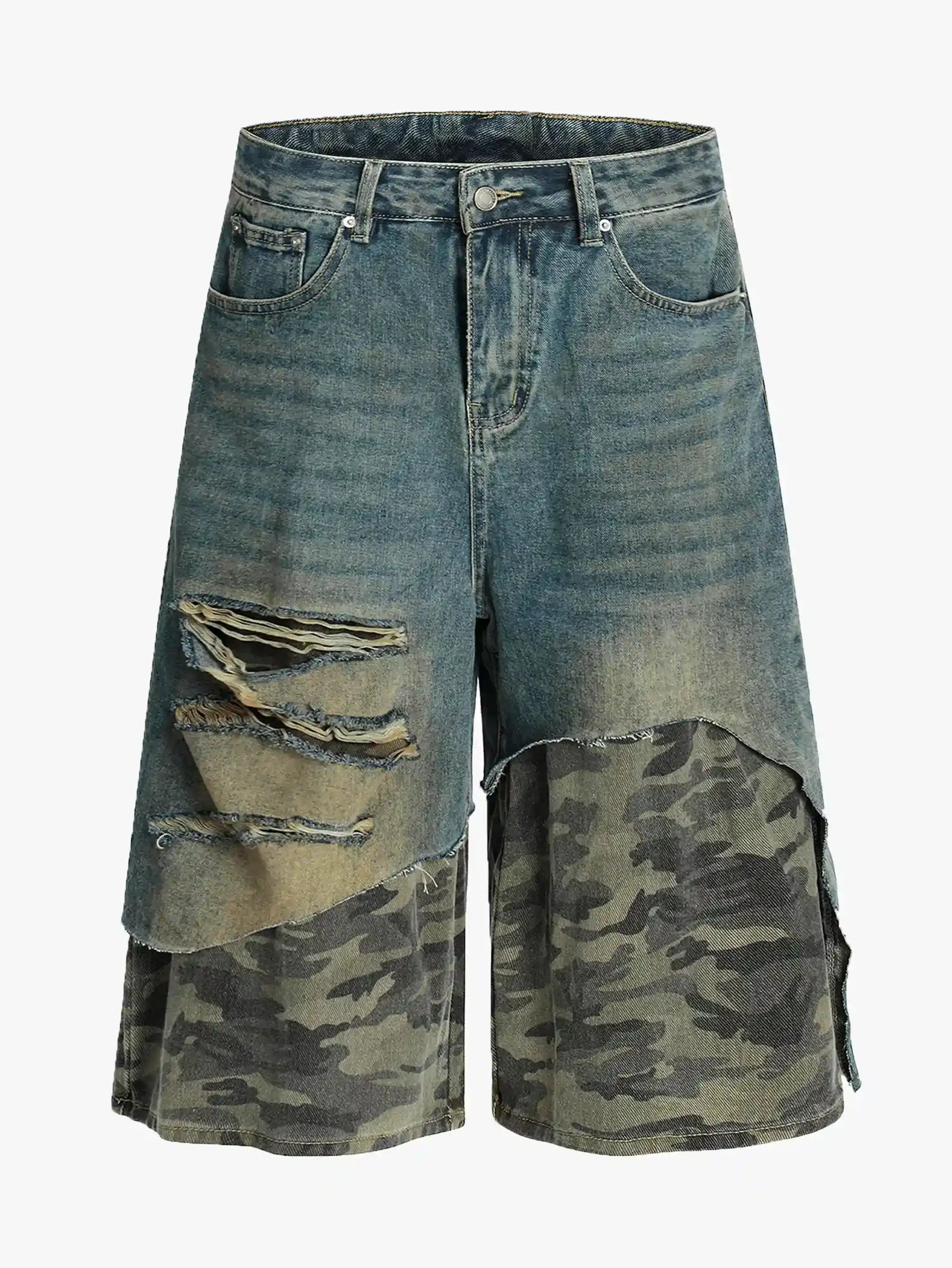 Street Camo Patchwork Denim Shorts-S1069