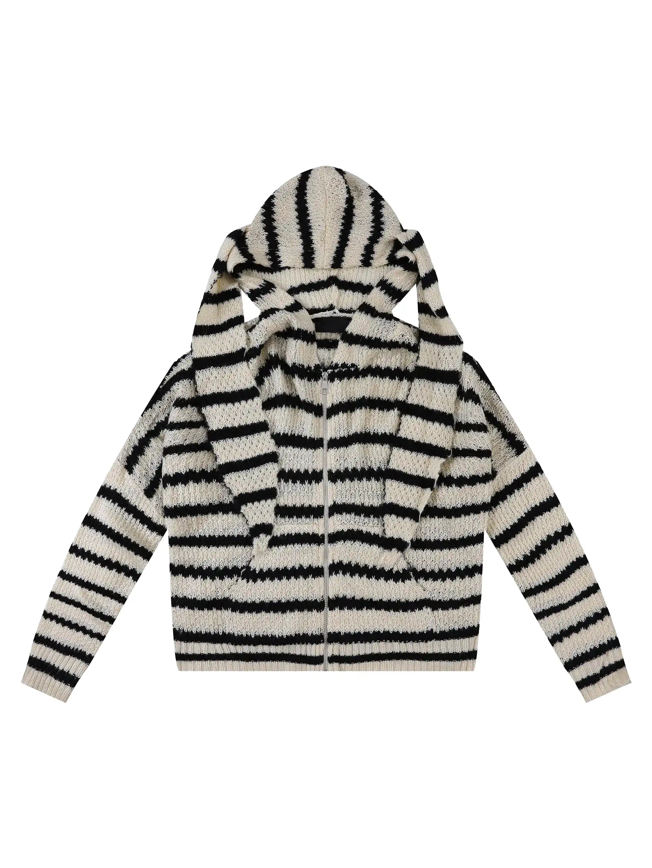 Whimsical Big-Ear Striped Knit Hoodie-S1111