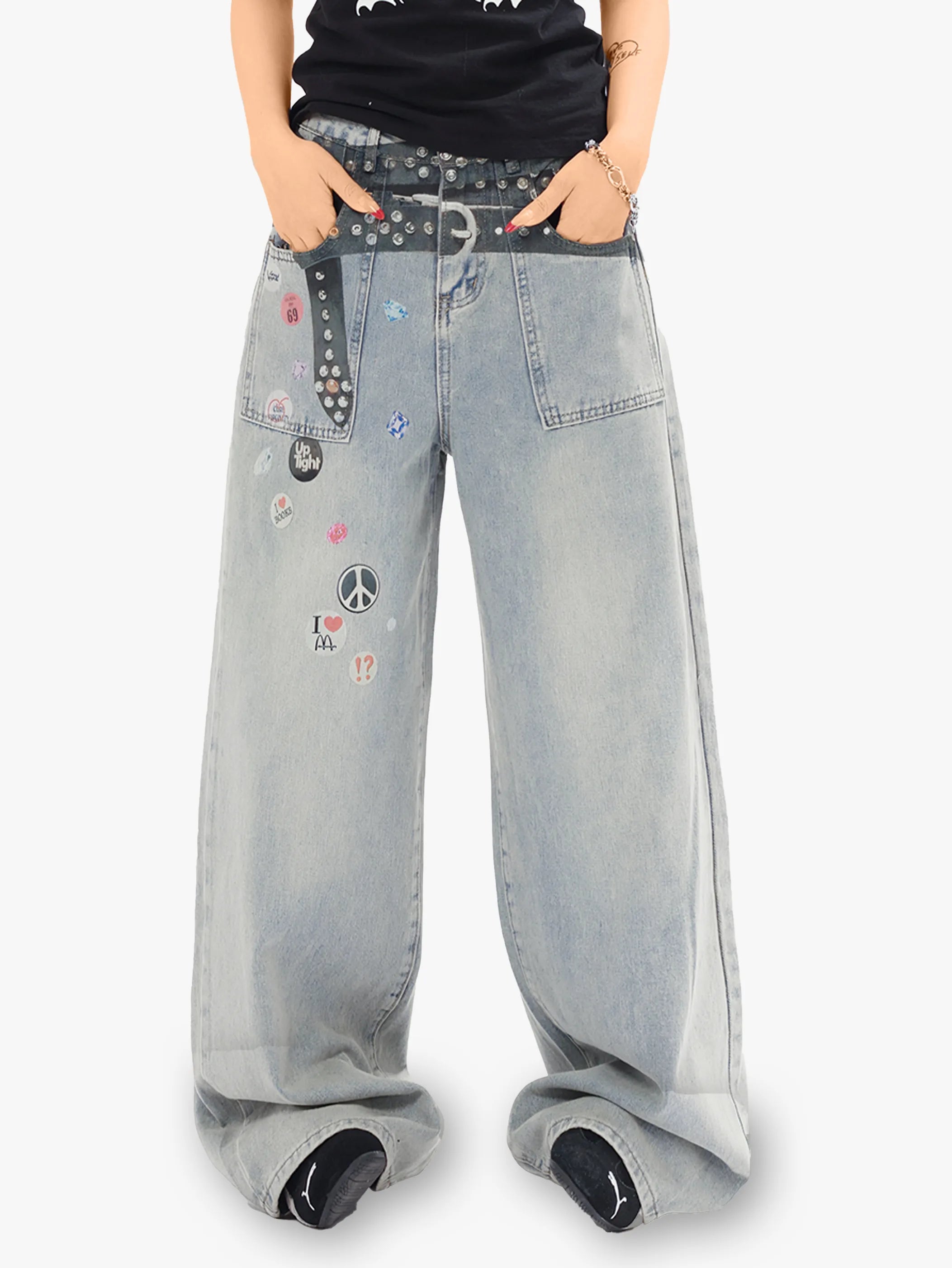 Y2K Studded Patchwork Wide Leg Denim Pants-S1003