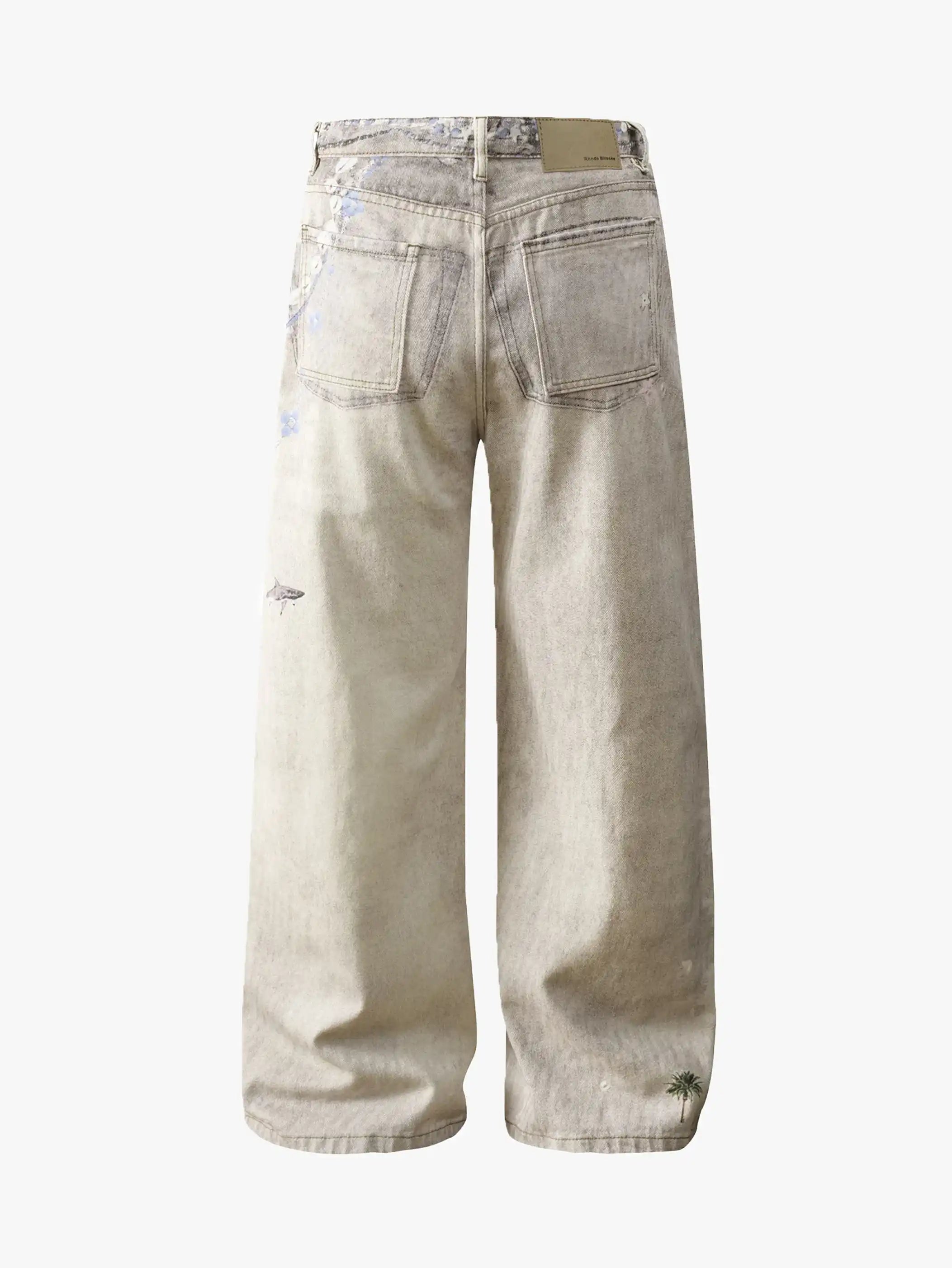 Beige Wide Leg Vintage Printed Jeans-S1026