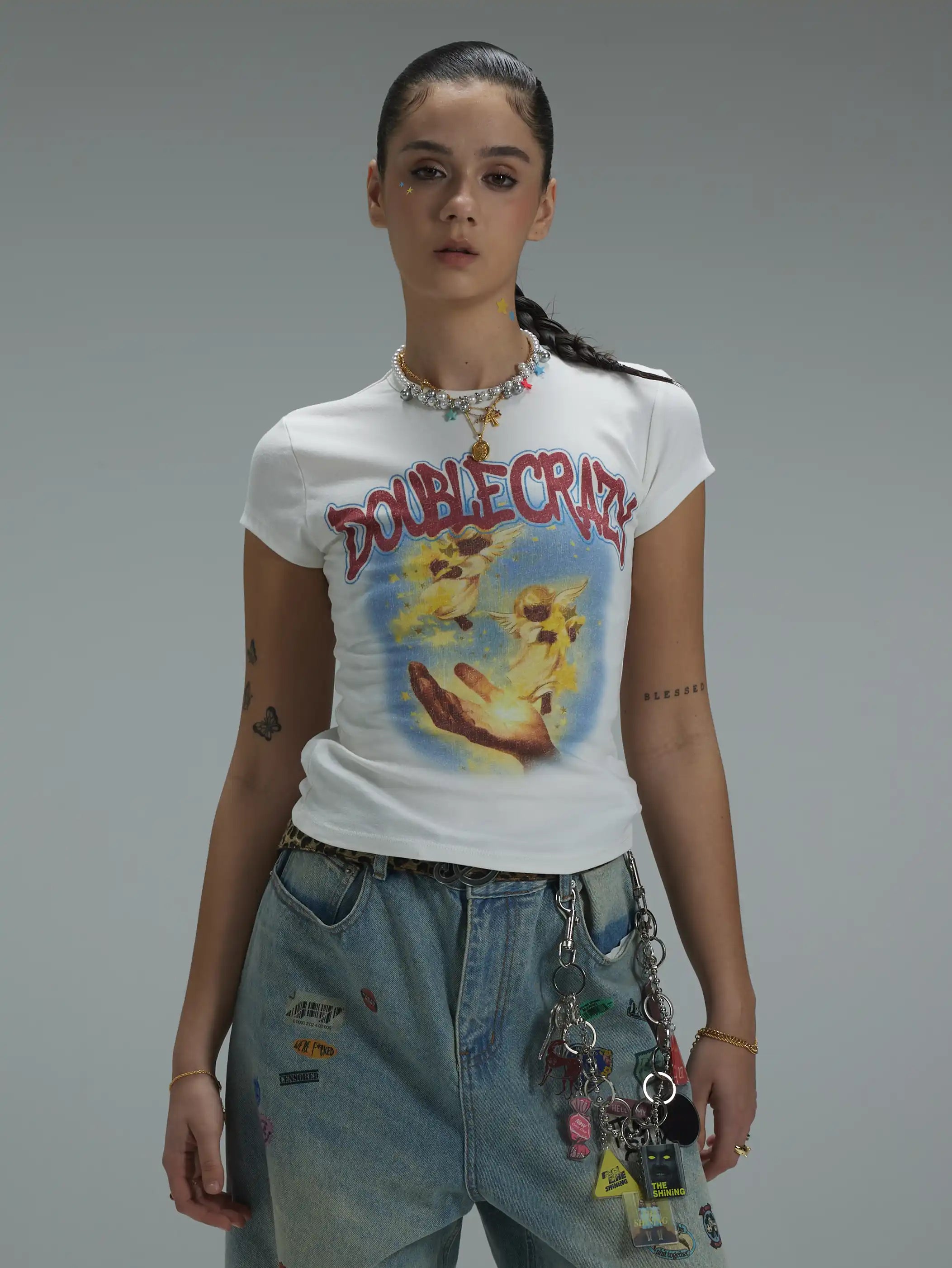Y2K Grunge Cracked Angel Baby Tee-433