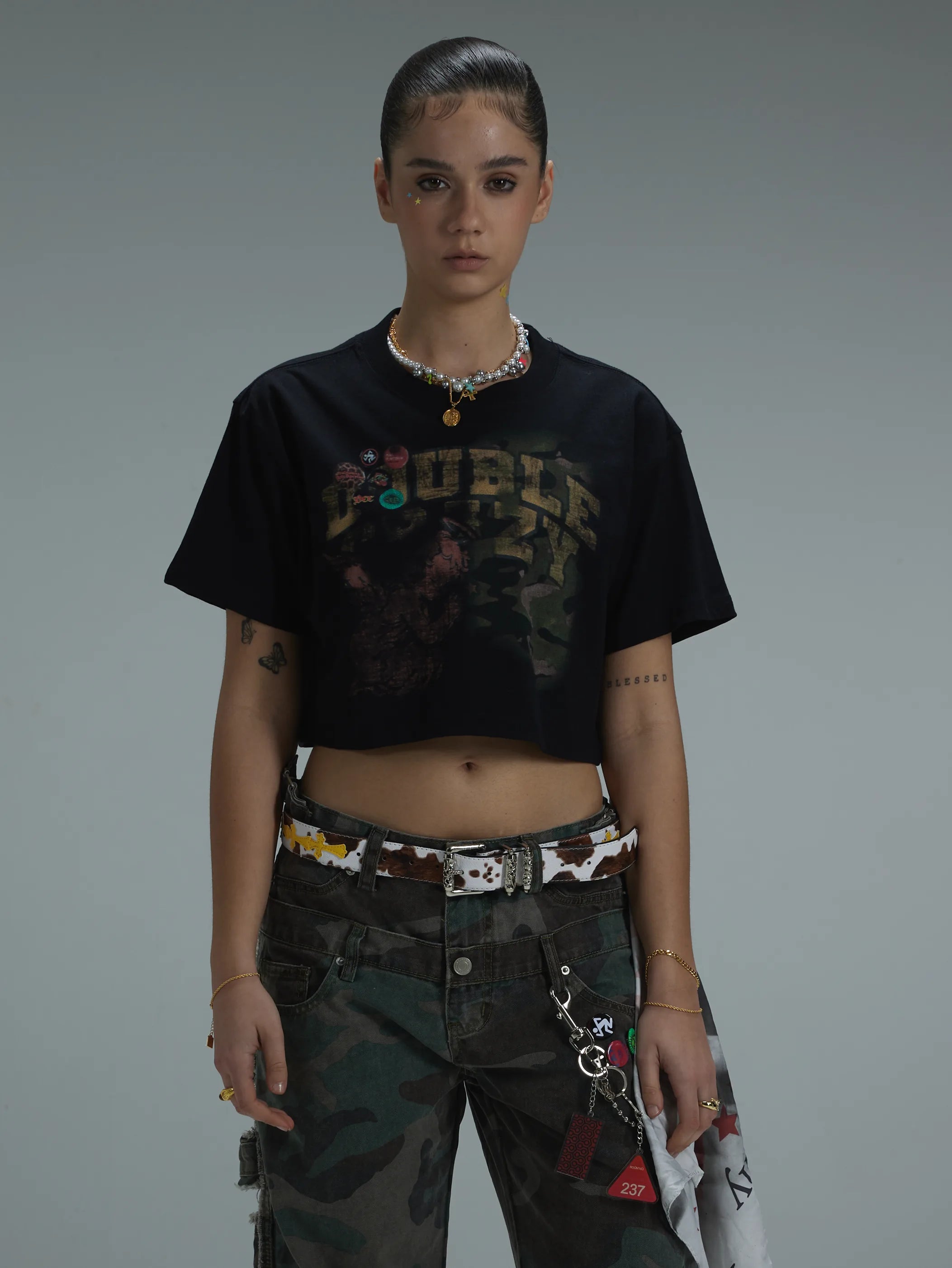 Acid Washed Boxy Graphic Crop Tee-437