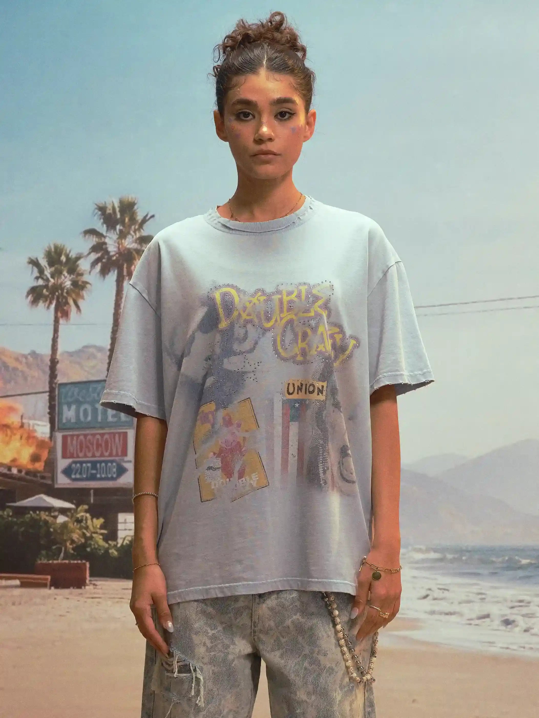 Collage Rhinestone Acid Wash Tee-471