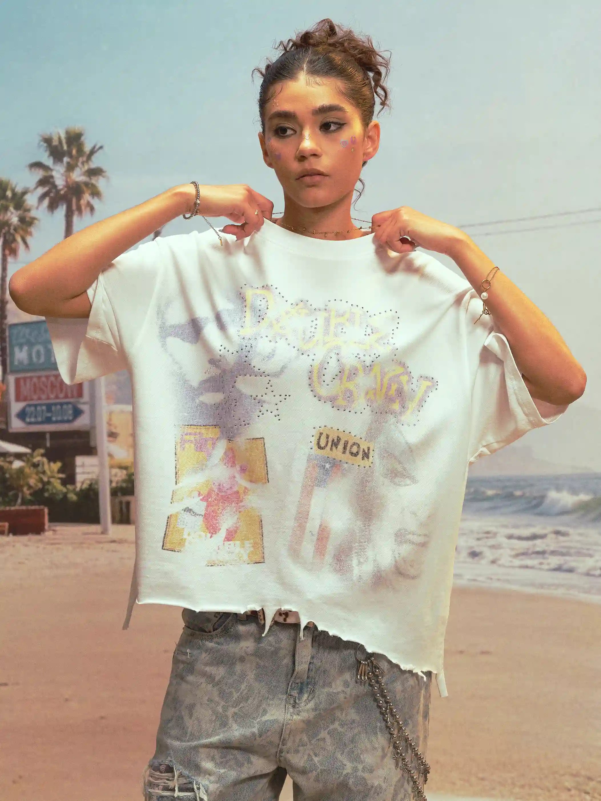 Collage Retro Ripped Hem Tee-471T