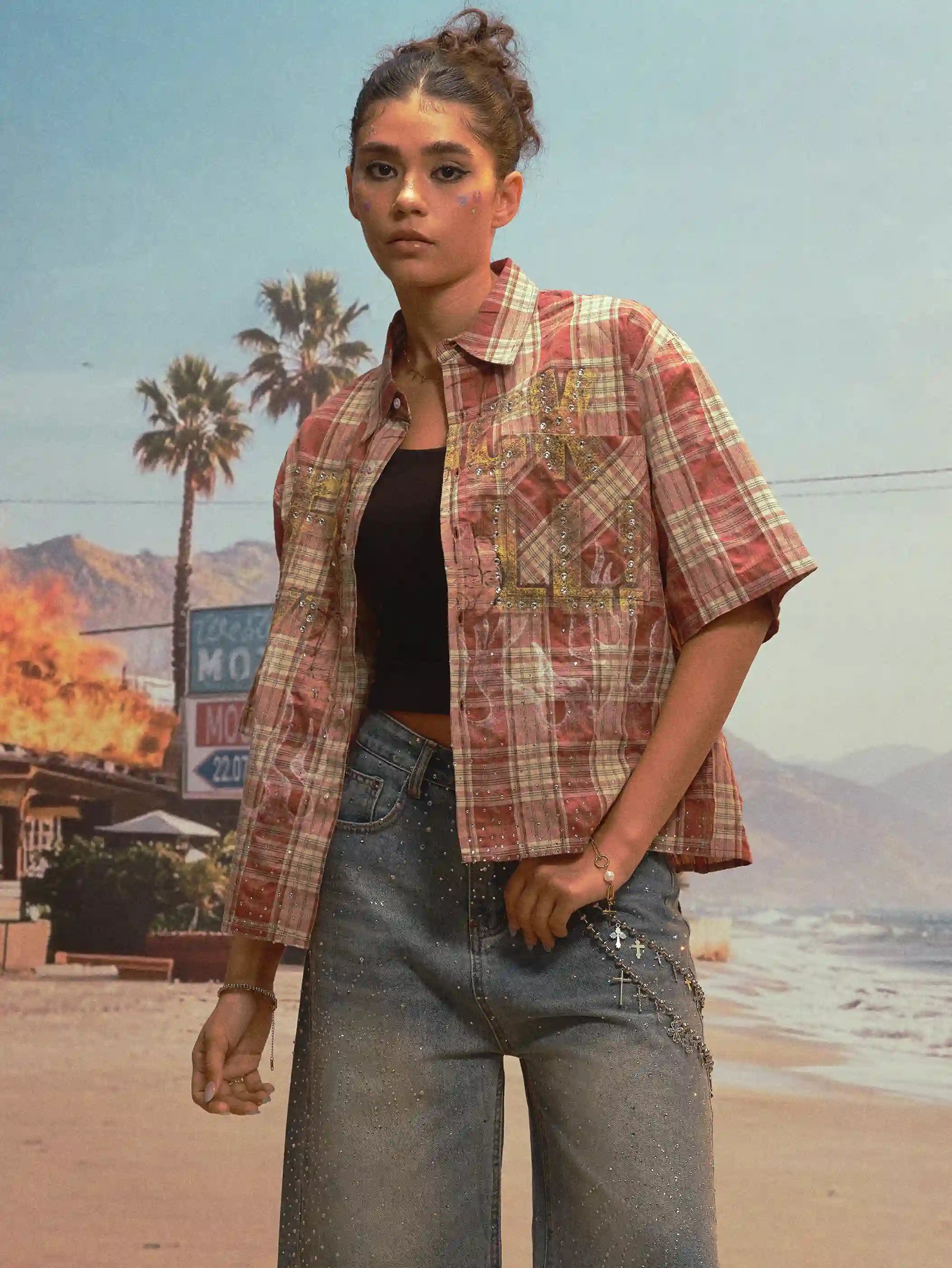 Bling Edgy Punk Plaid Shirt-539