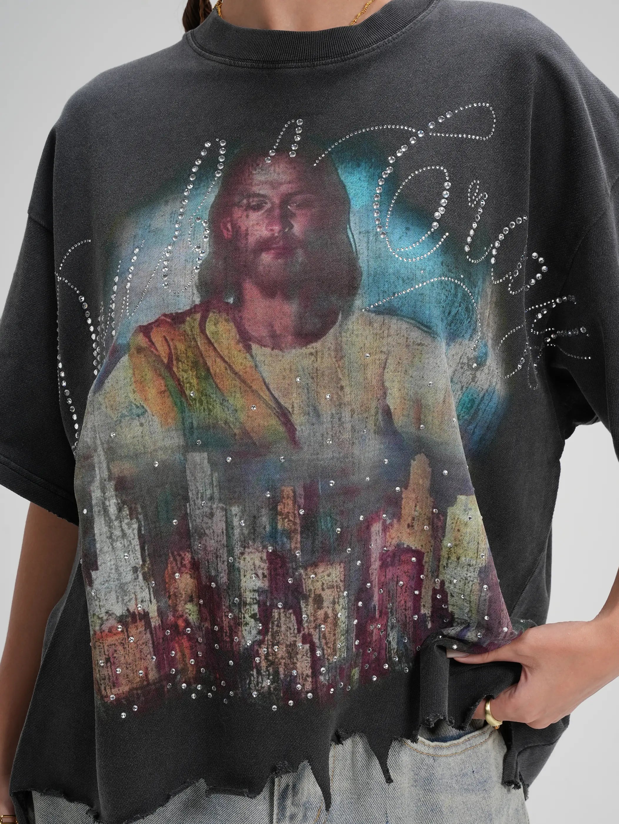 Jesus Skyline Rhinestone Boxy Tee-548