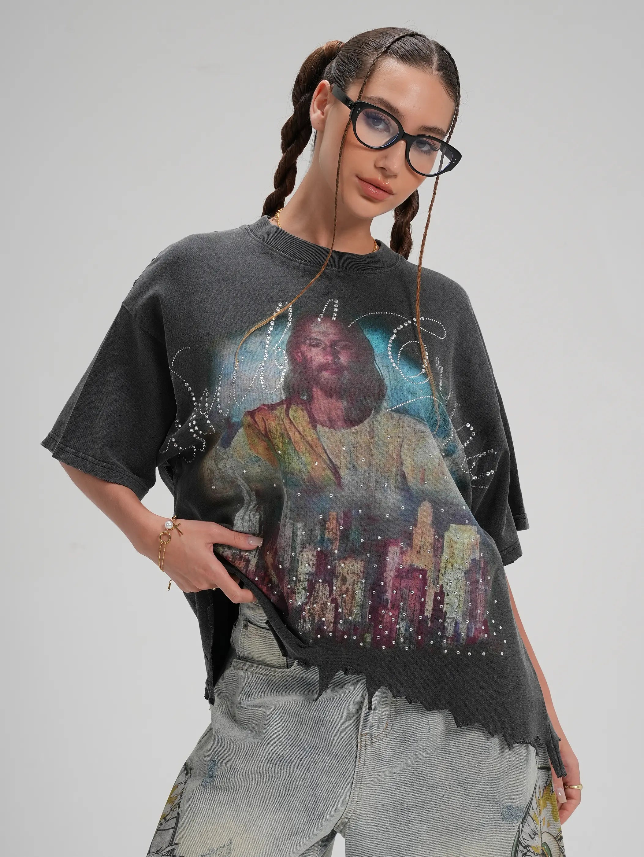 Jesus Skyline Rhinestone Boxy Tee-548