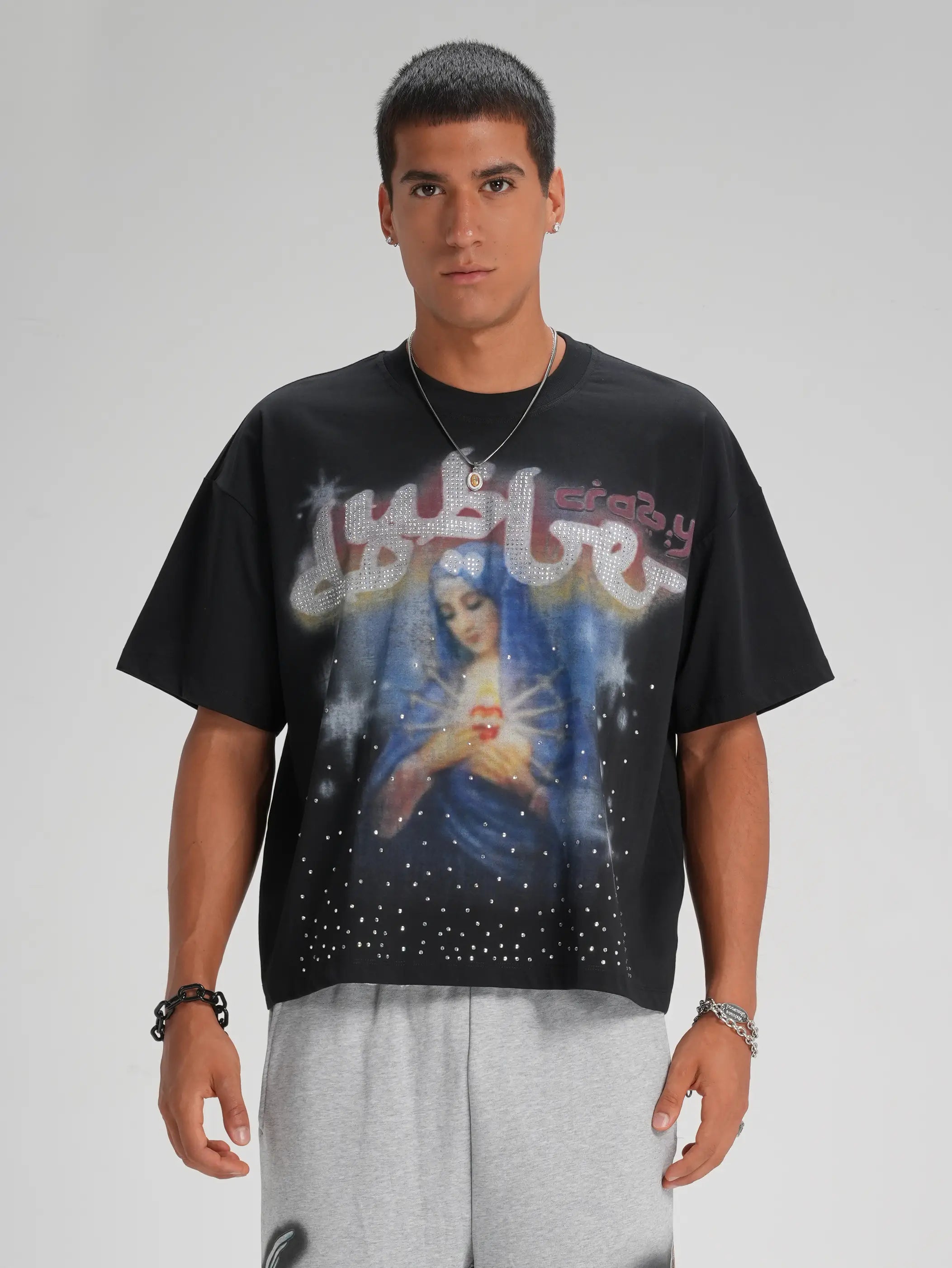 Rhinestone Virgin Mary Boxy Tee-565
