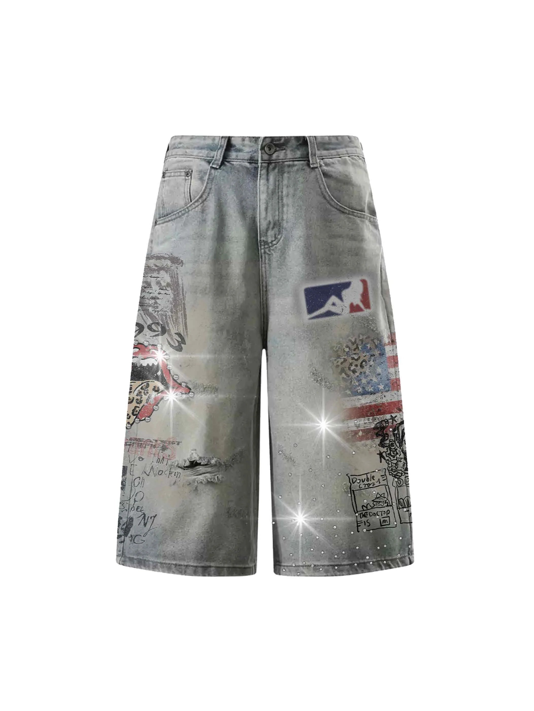 DoubleCrazy Product 579 pale blue heavy wash punk graphic baggy denim jorts with distressed holes and graffiti artwork