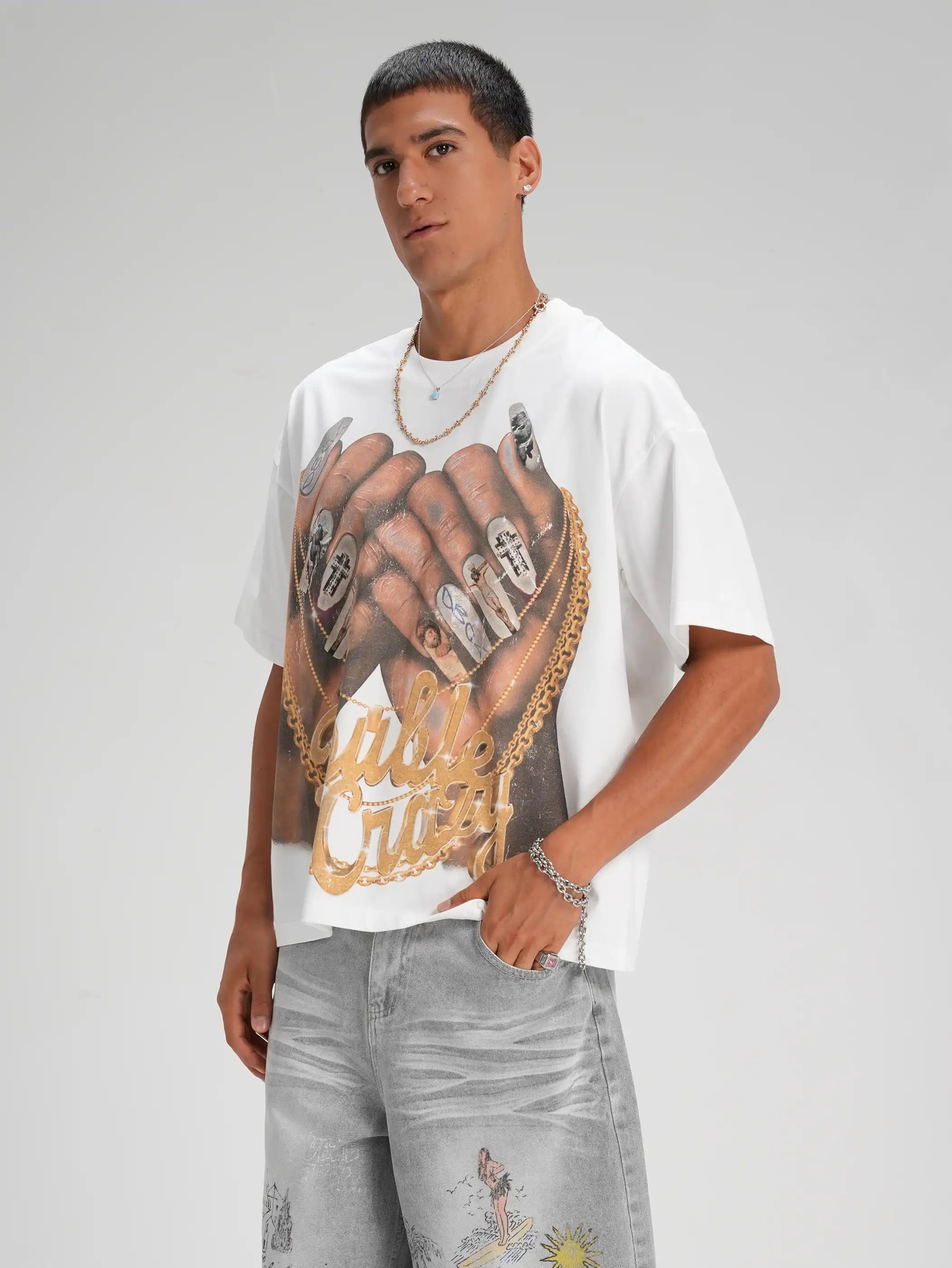 Bling Gold Chain Nail Boxy Tee-593