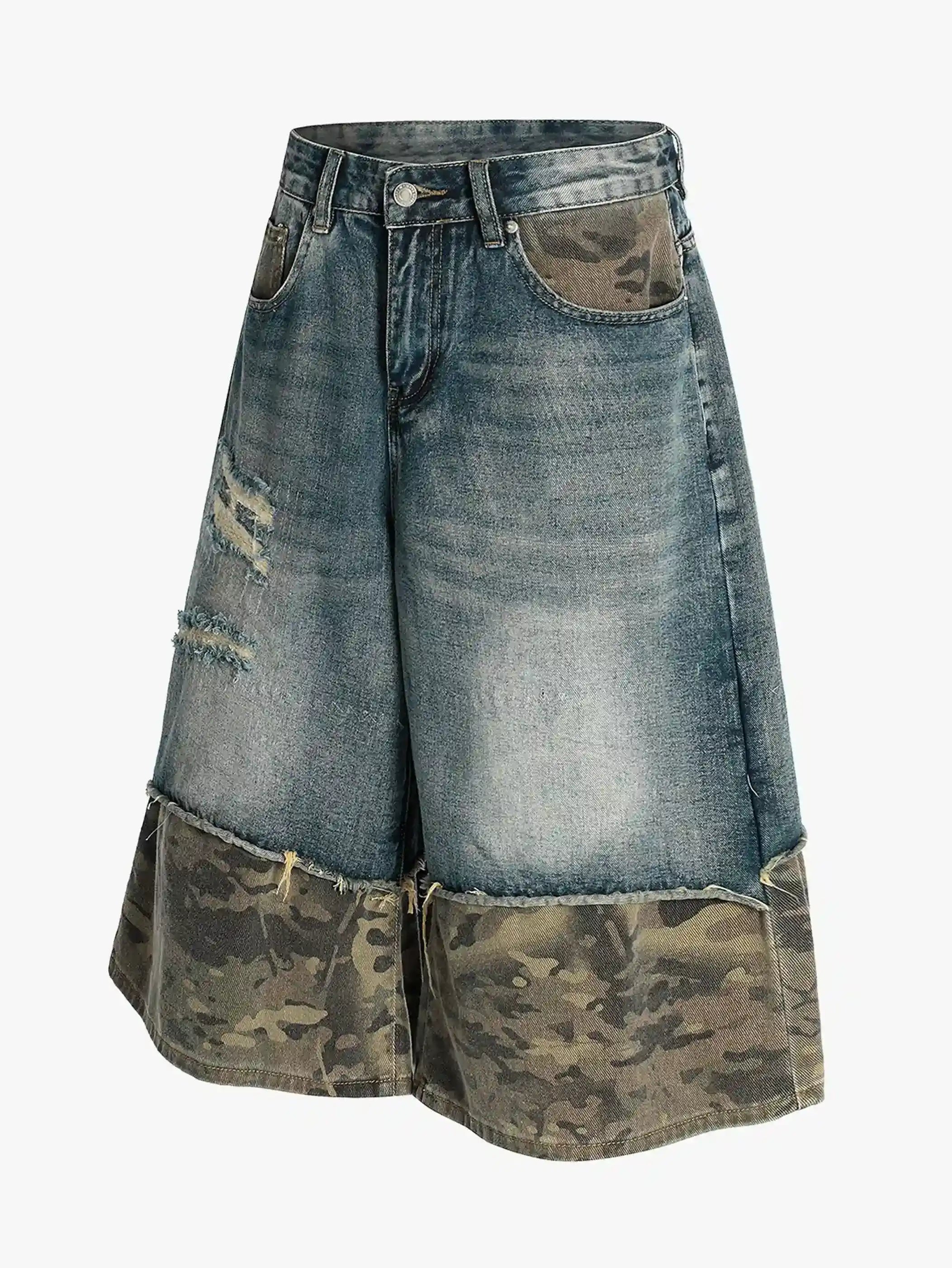 Vintage Camo Patchwork Wasteland Denim Shorts-S1077