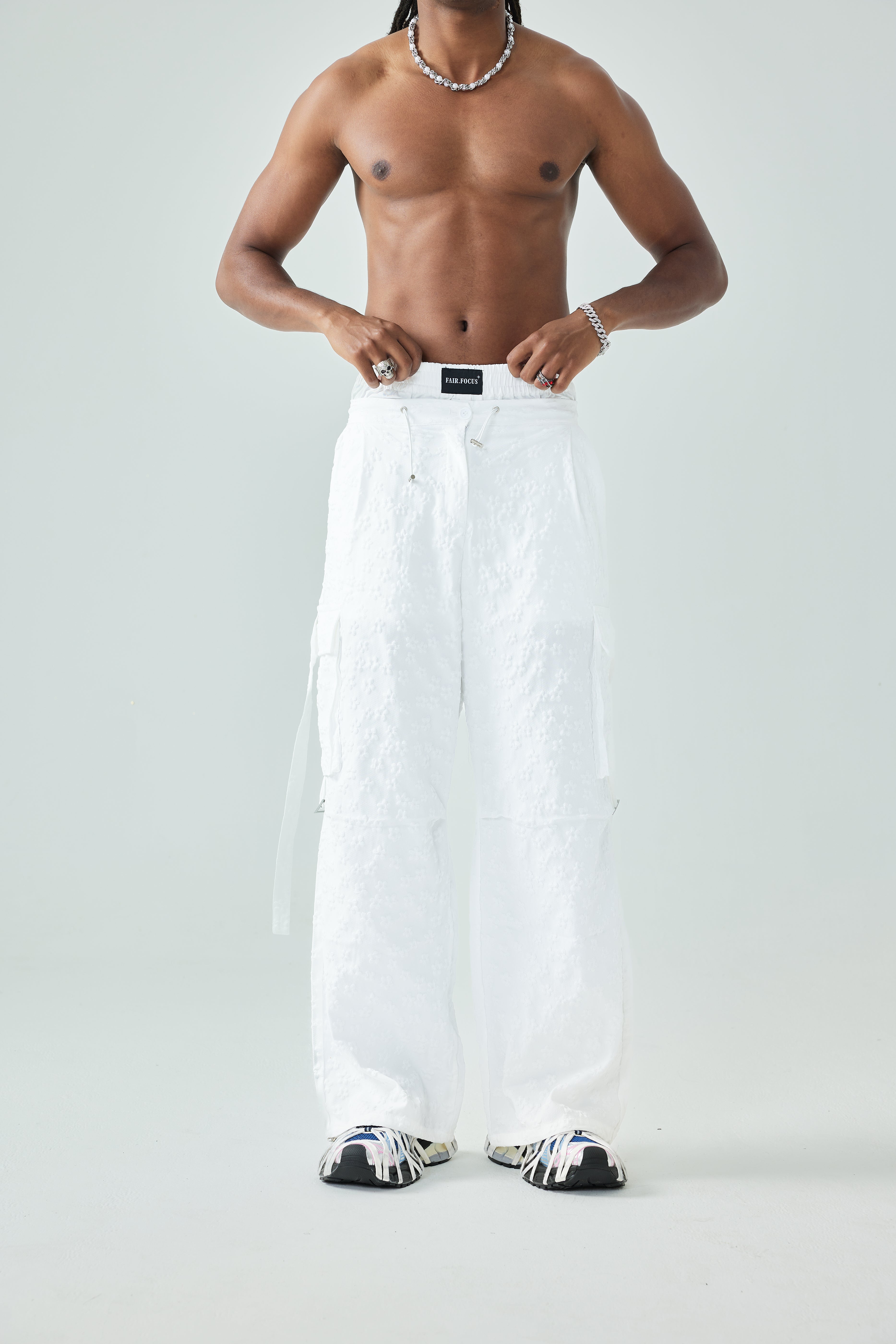 White Cargo Pants Loose Fit Streetwear-S1047