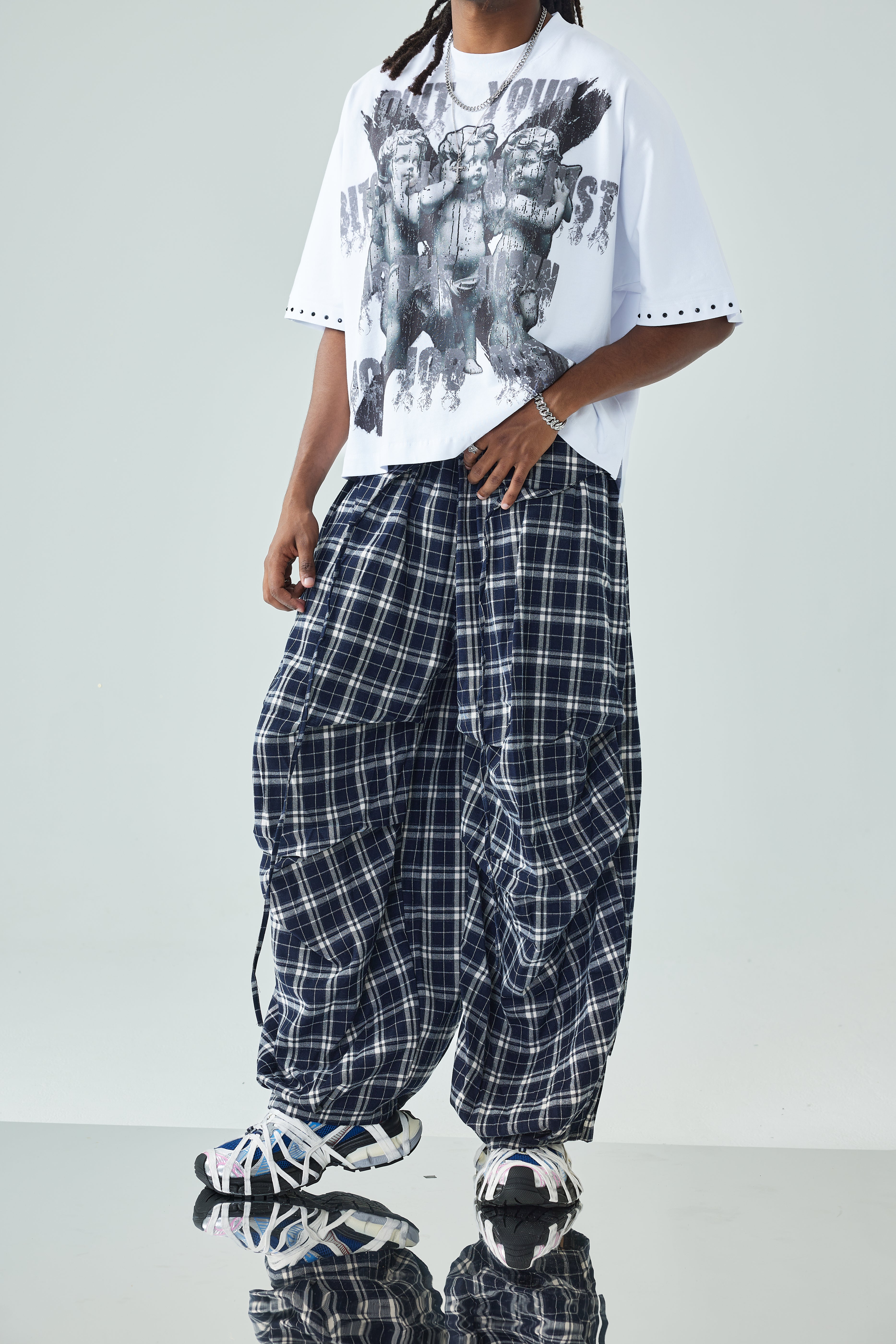 Plaid Loose Fit Layered Cargo Pants-S1041