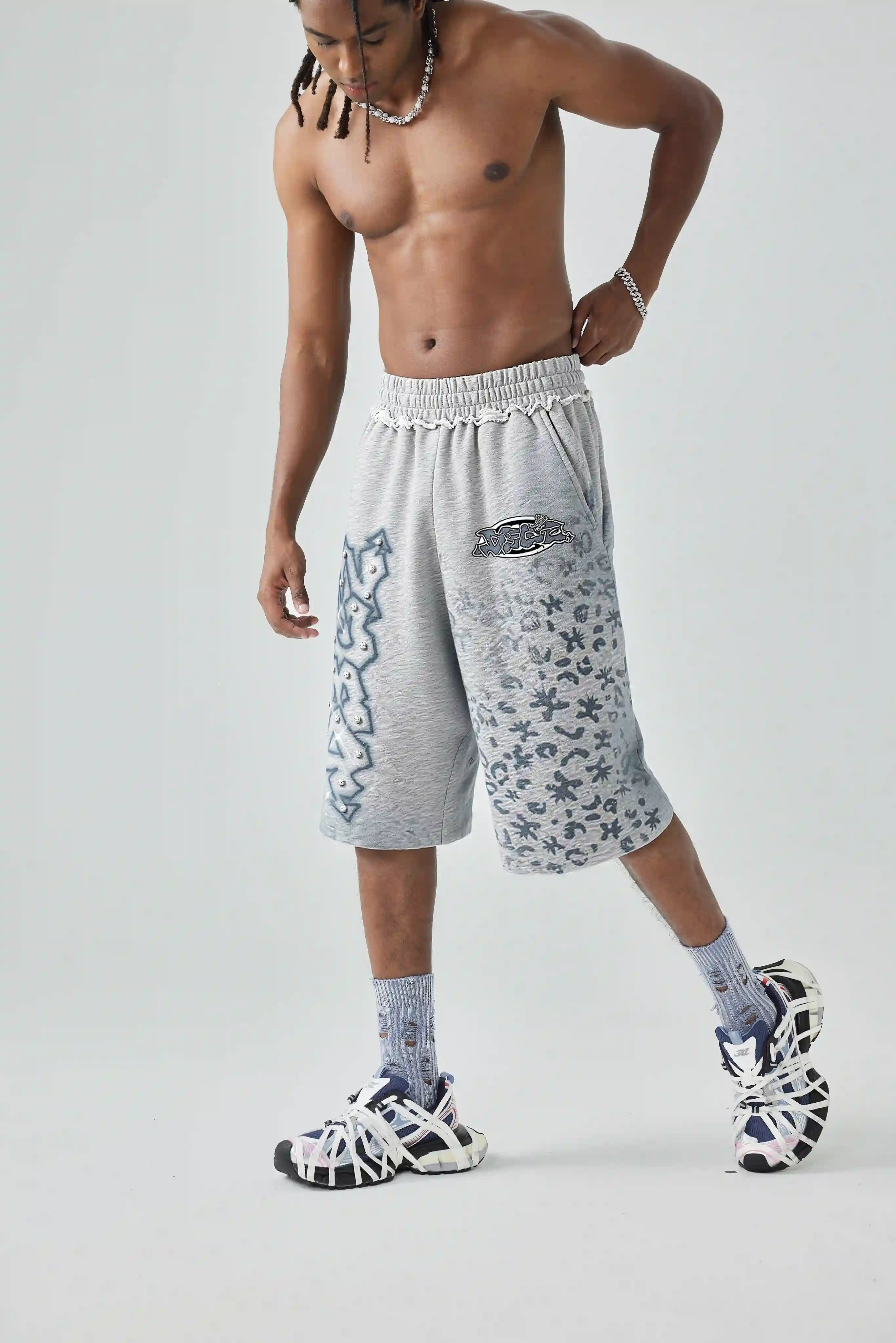 Rhinestone Graffiti Baggy Shorts-622