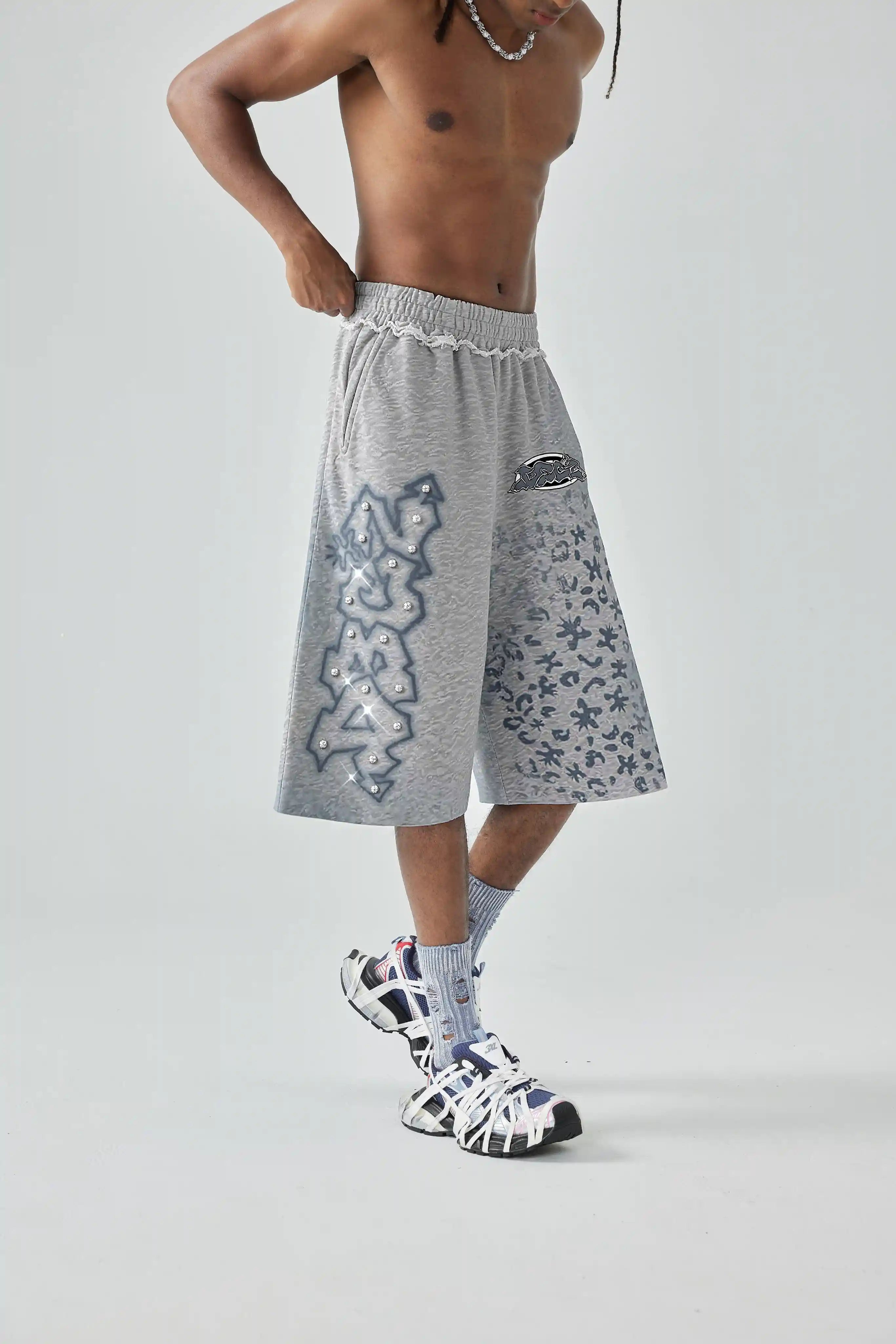 Rhinestone Graffiti Baggy Shorts-622