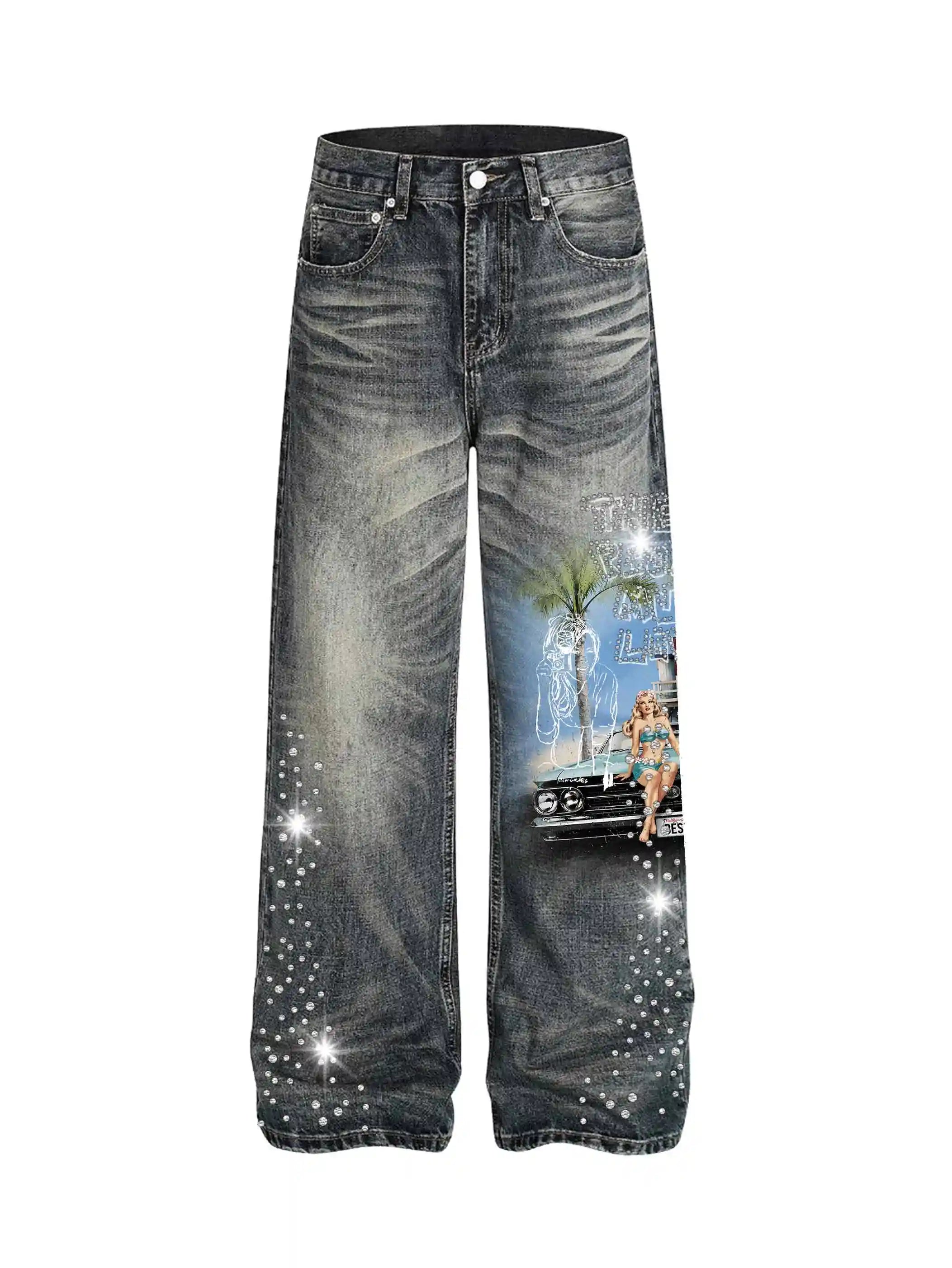 Rhinestone Pin-up Washed Jeans-610