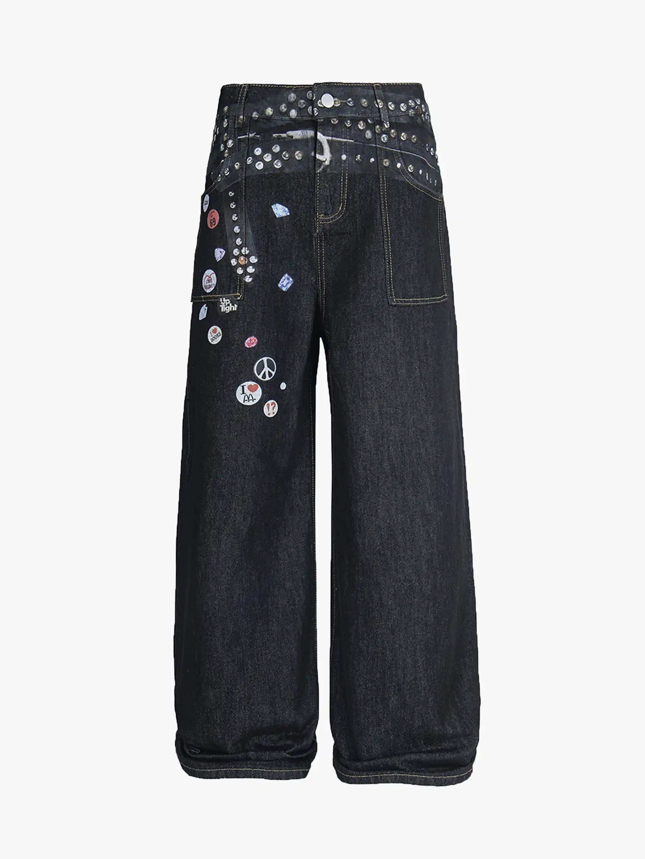 Y2K Studded Patchwork Wide Leg Denim Pants-S1003