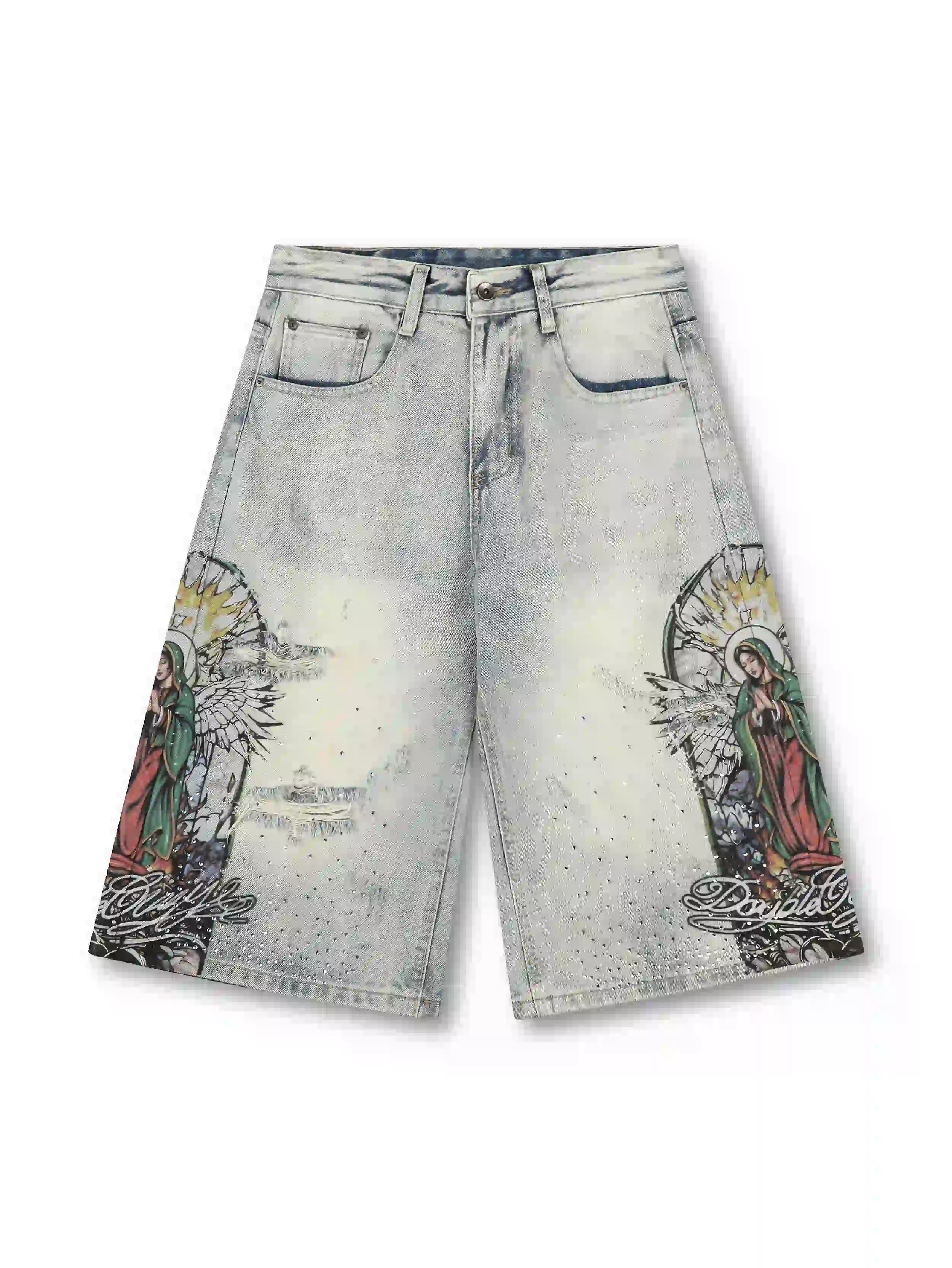 Graphic Religious Washed Jorts-580
