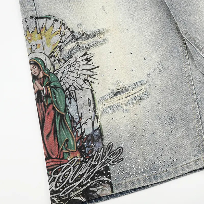 Graphic Religious Washed Jorts-580