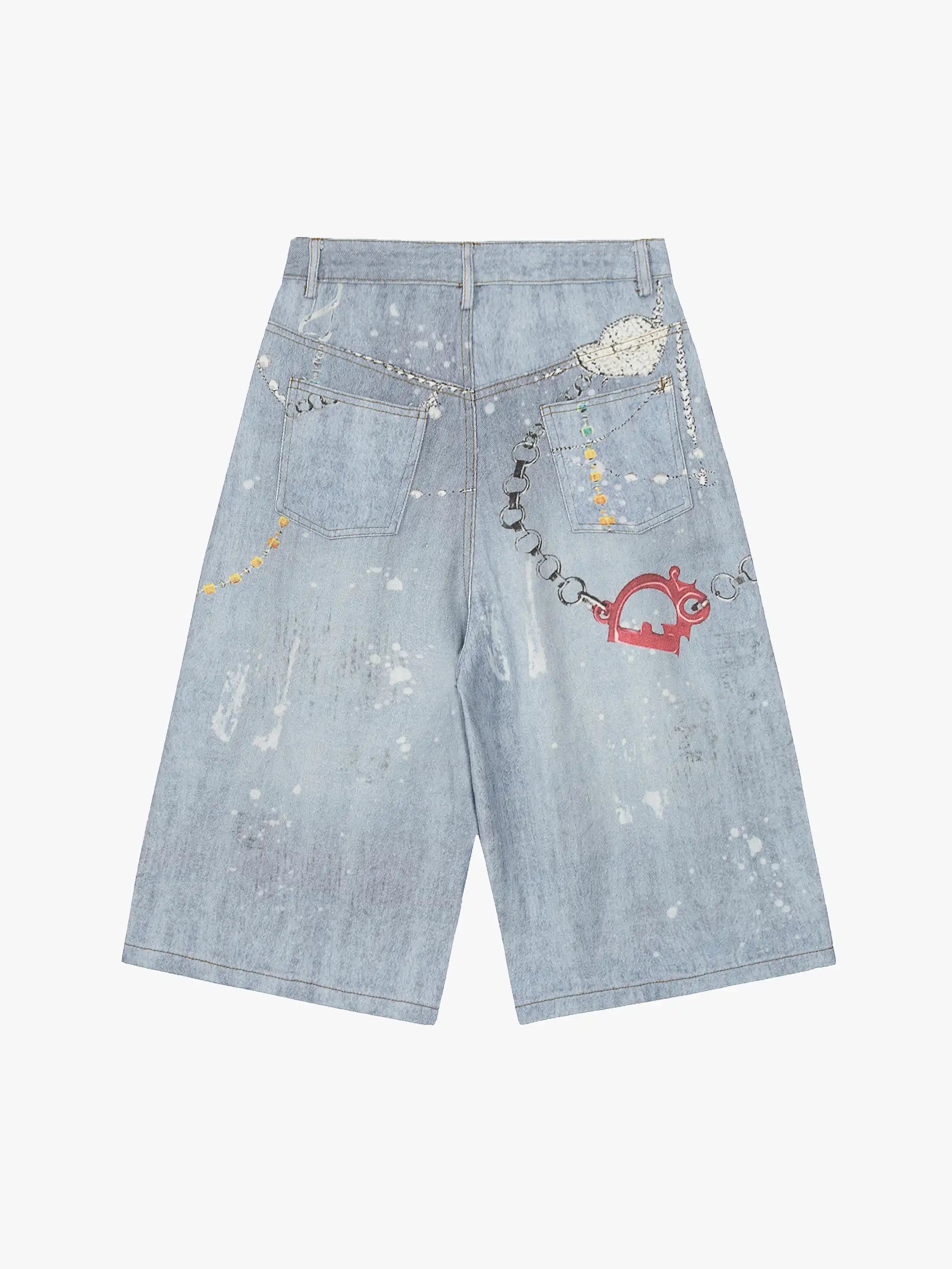 New Style Denim Shorts with Chains and Colorful Charms Trendy Streetwear Casual Shorts - S991