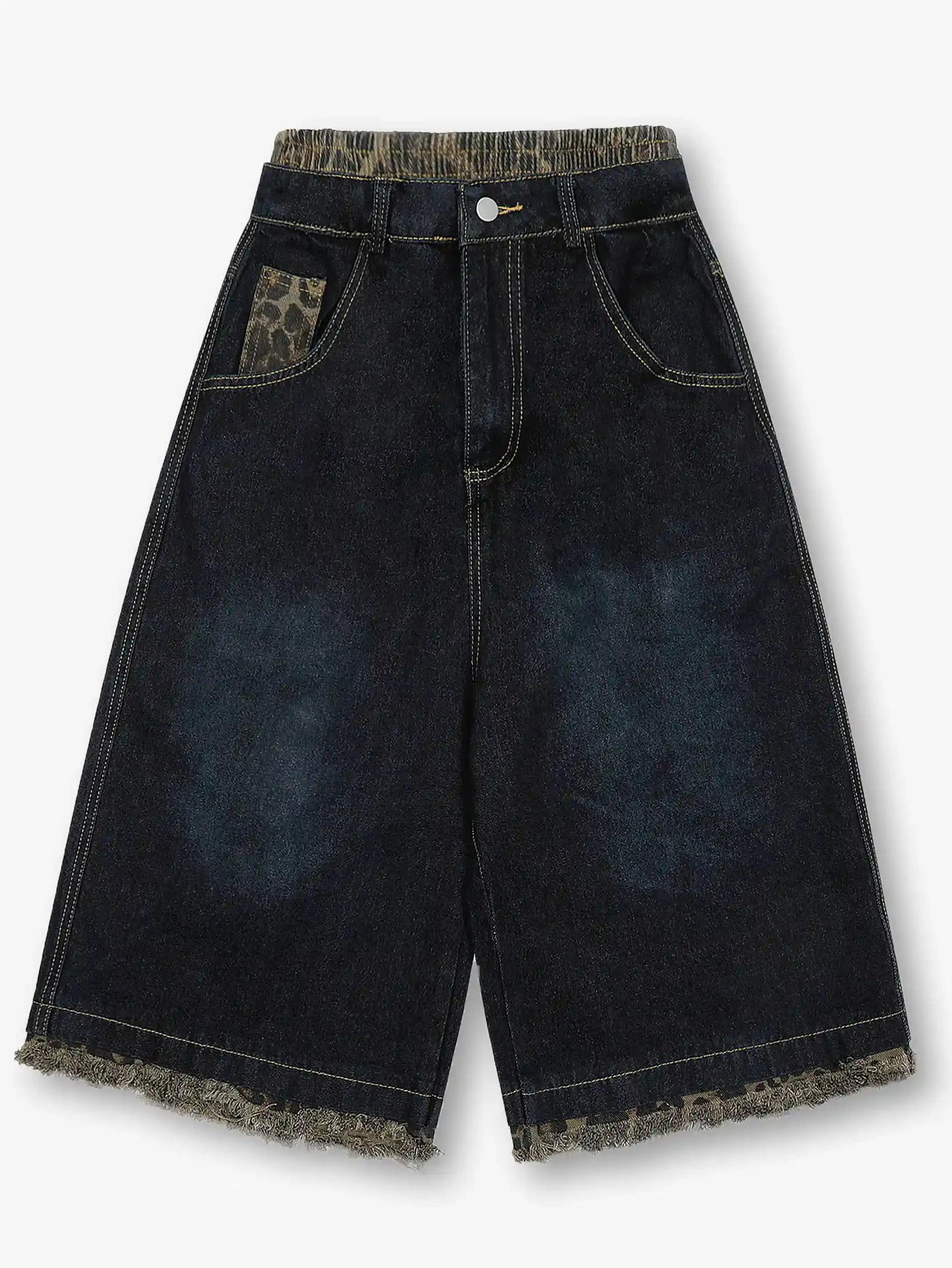 Wide Leg Denim Shorts with Leopard Patchwork-S1039