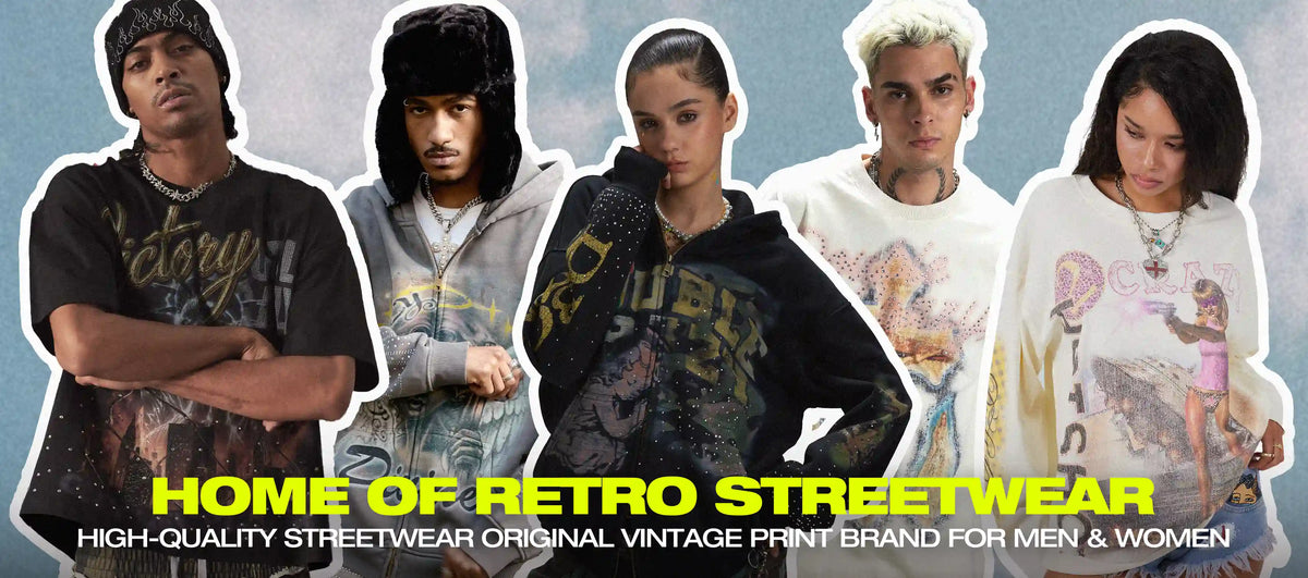 Five models wearing DoubleCrazy best-selling vintage-inspired graphic tees, hoodies and long sleeves with rhinestone details.