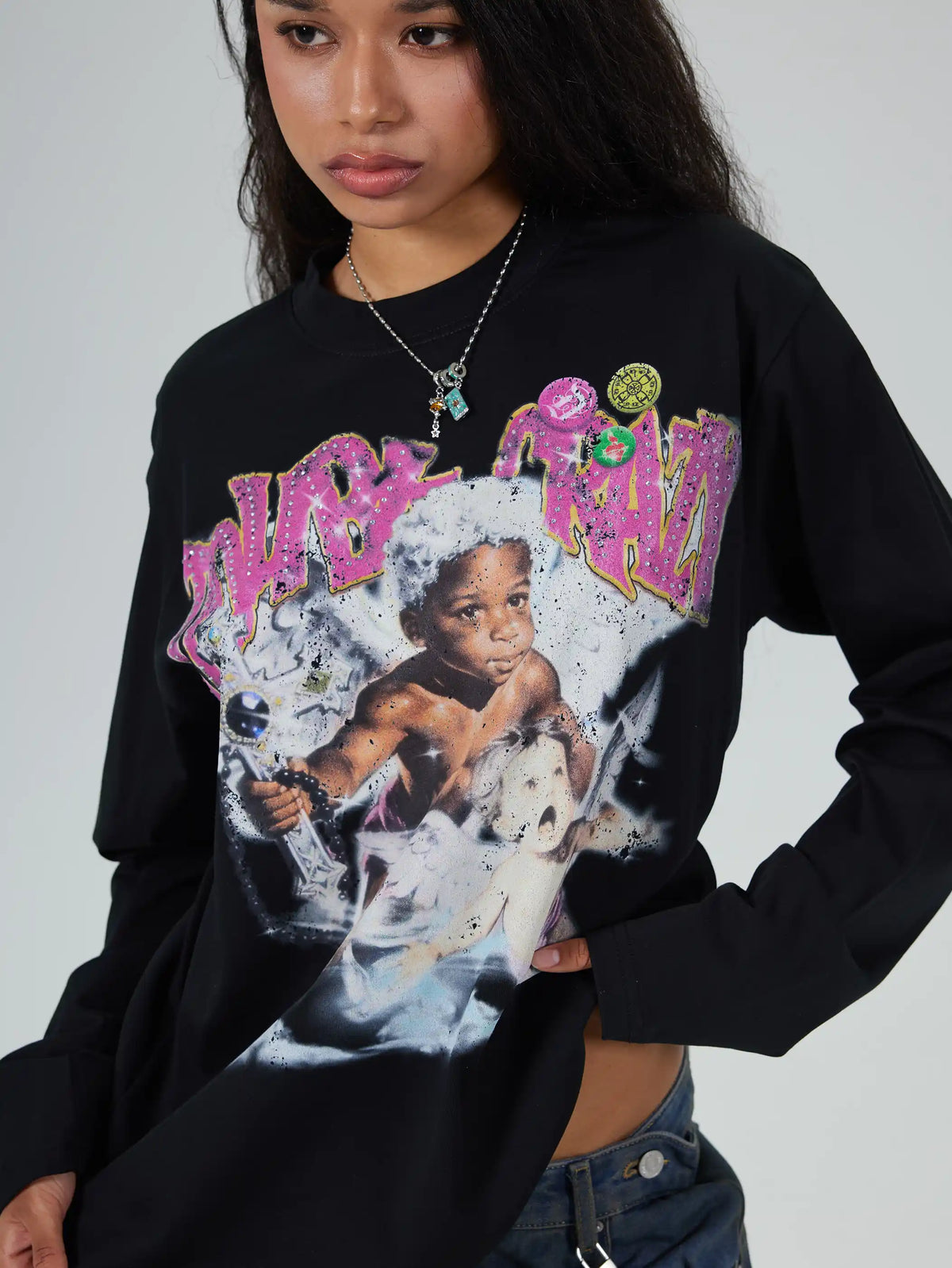 Rhinestone Afro Cherub Boxy L/S-729
