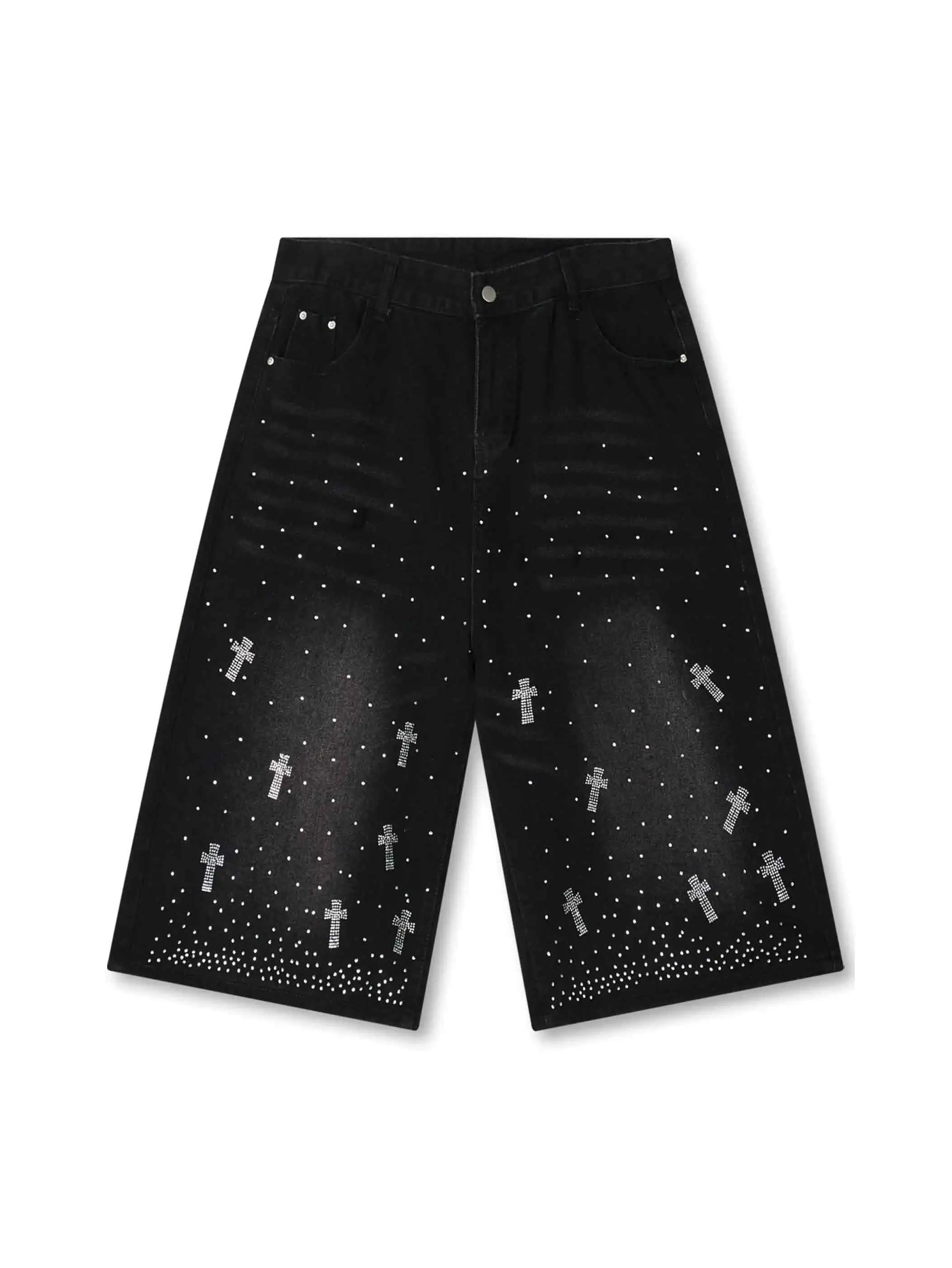 Rhinestone Cross Denim Pants-358