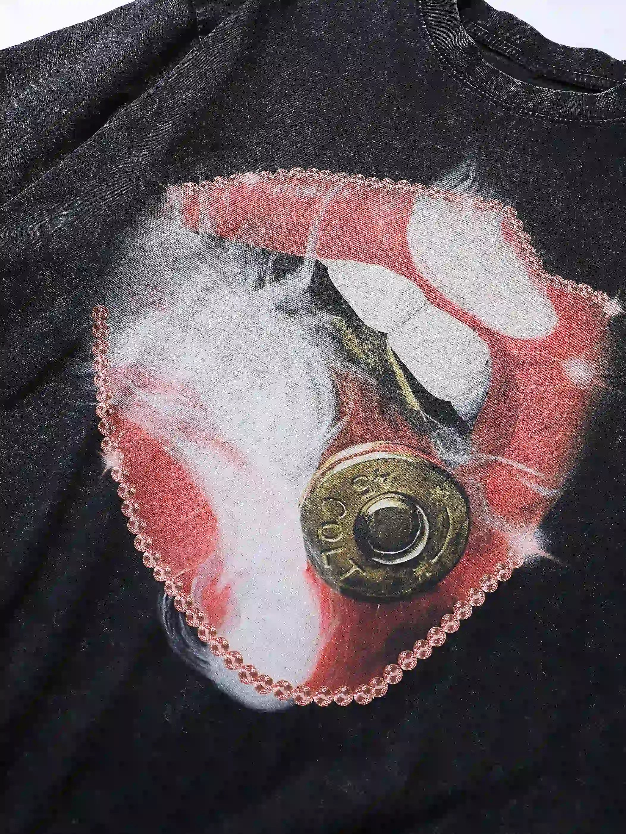 Edgy Red Lip Bullet Detail T-shirt -108