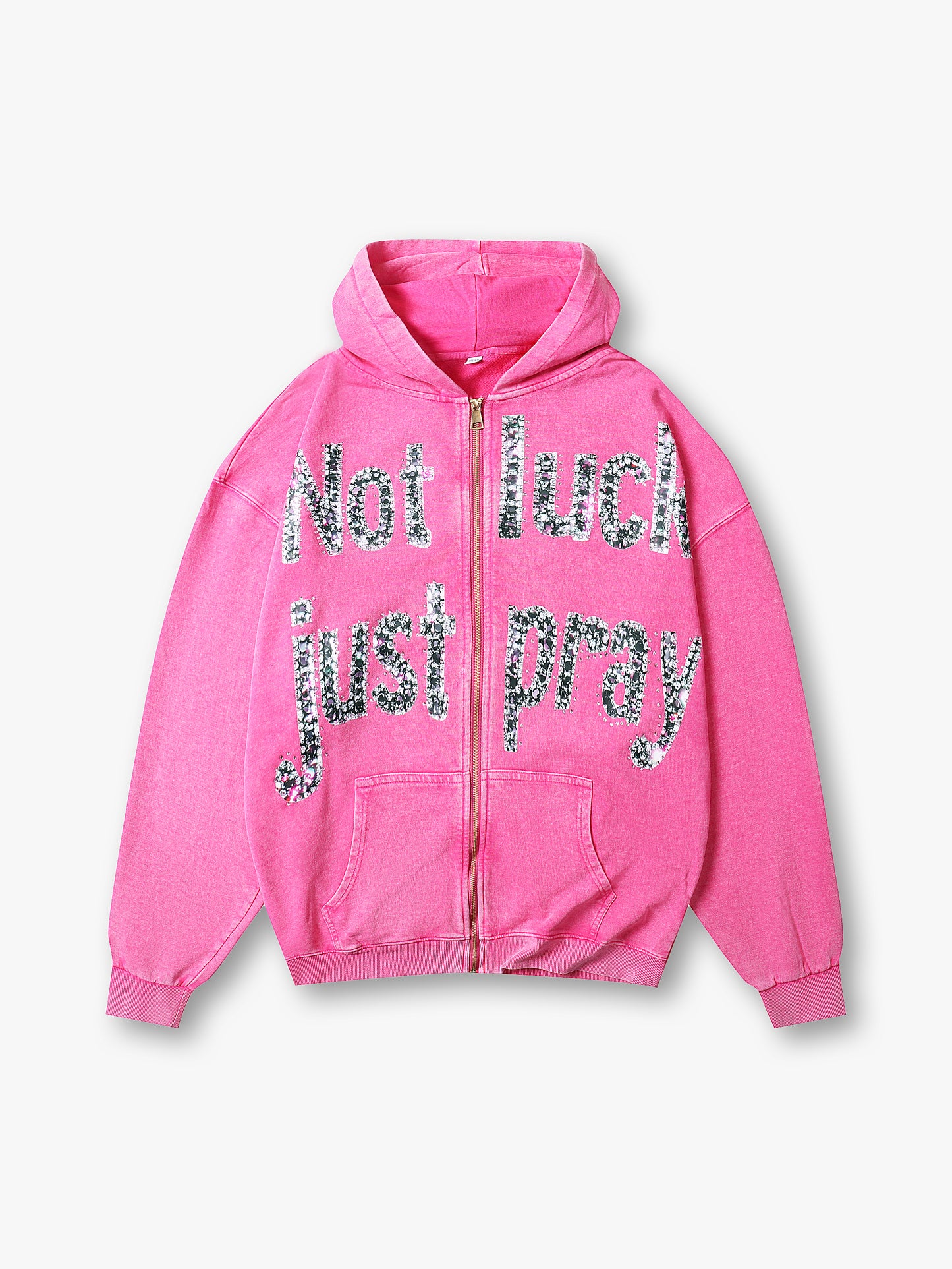 Double Crazy Hoodie with Crystal Not Luck Just Pray Text Graphic - 069