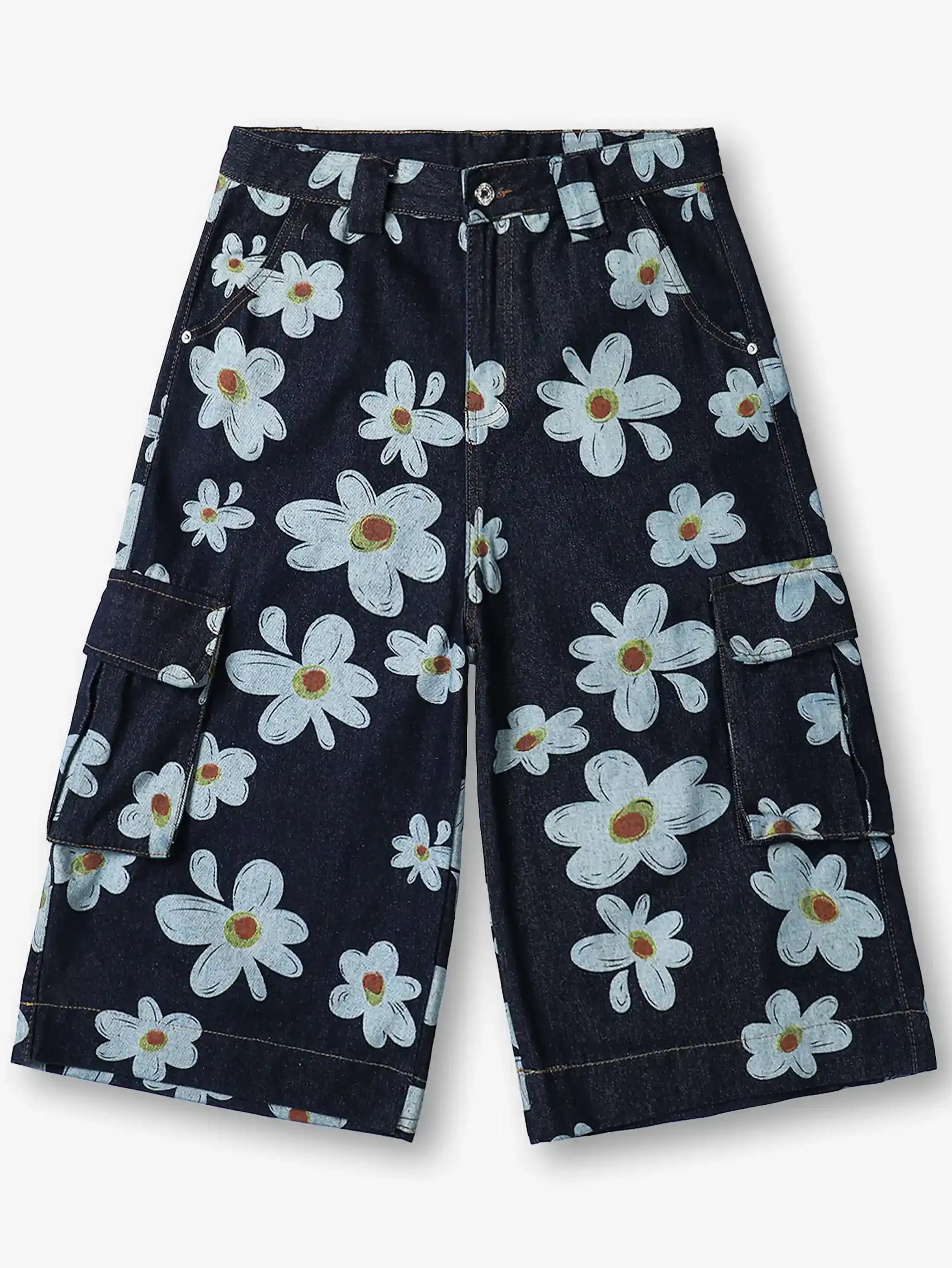 Vintage Y2K Floral Print Denim Cargo Shorts-S1036